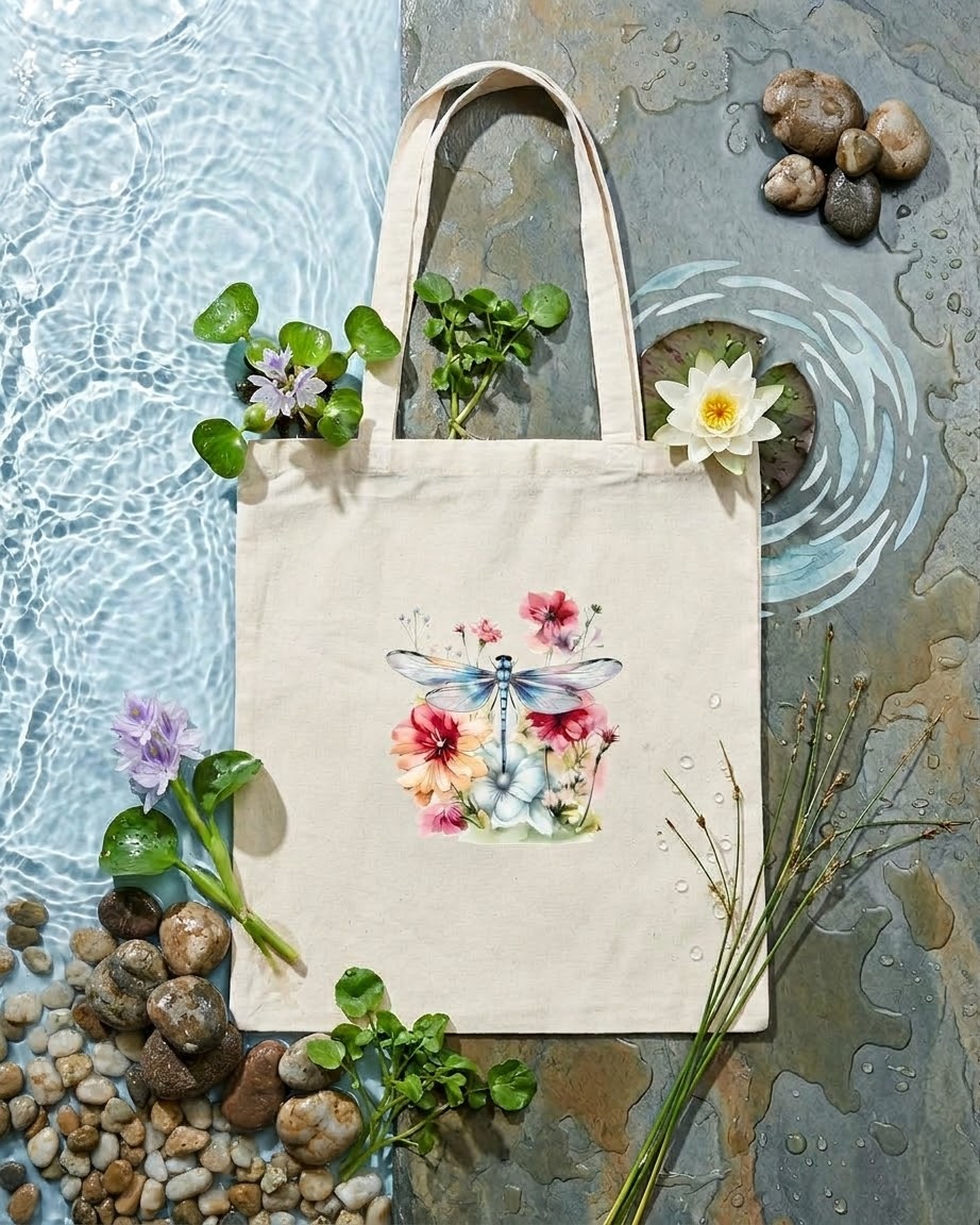Beautiful watercolor printed 100% unbleached cotton totes - dragonfly designs