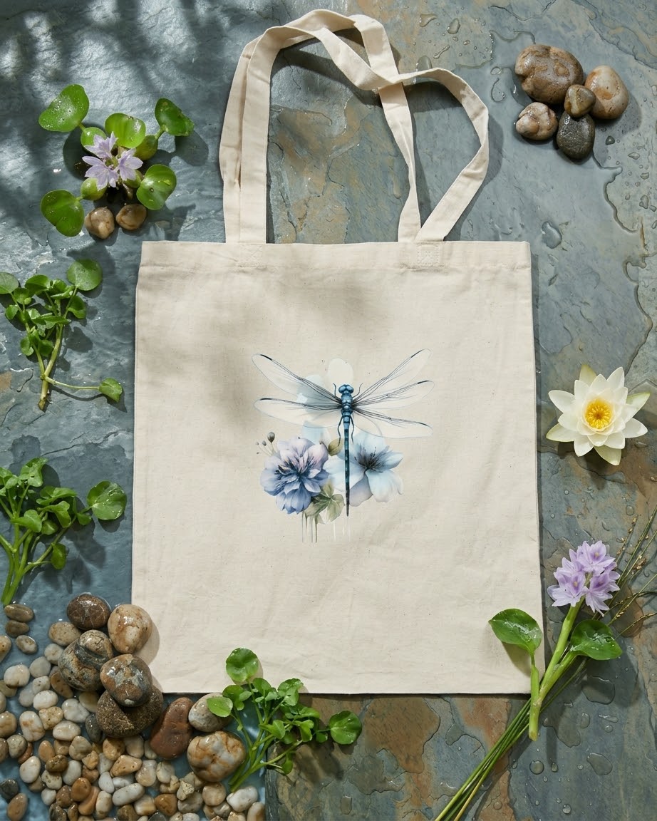 Beautiful watercolor printed 100% unbleached cotton totes - dragonfly designs