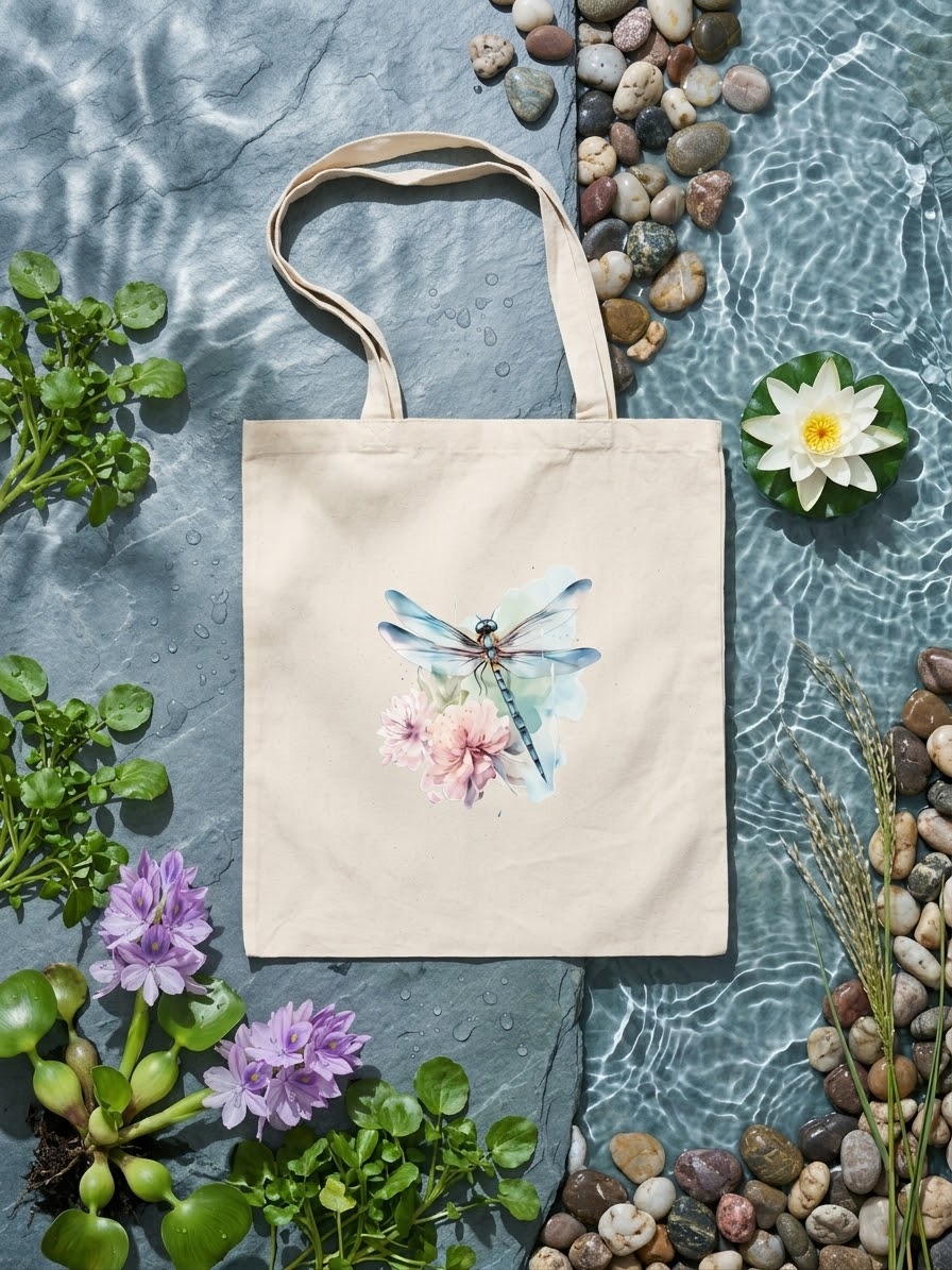 Beautiful watercolor printed 100% unbleached cotton totes - dragonfly designs