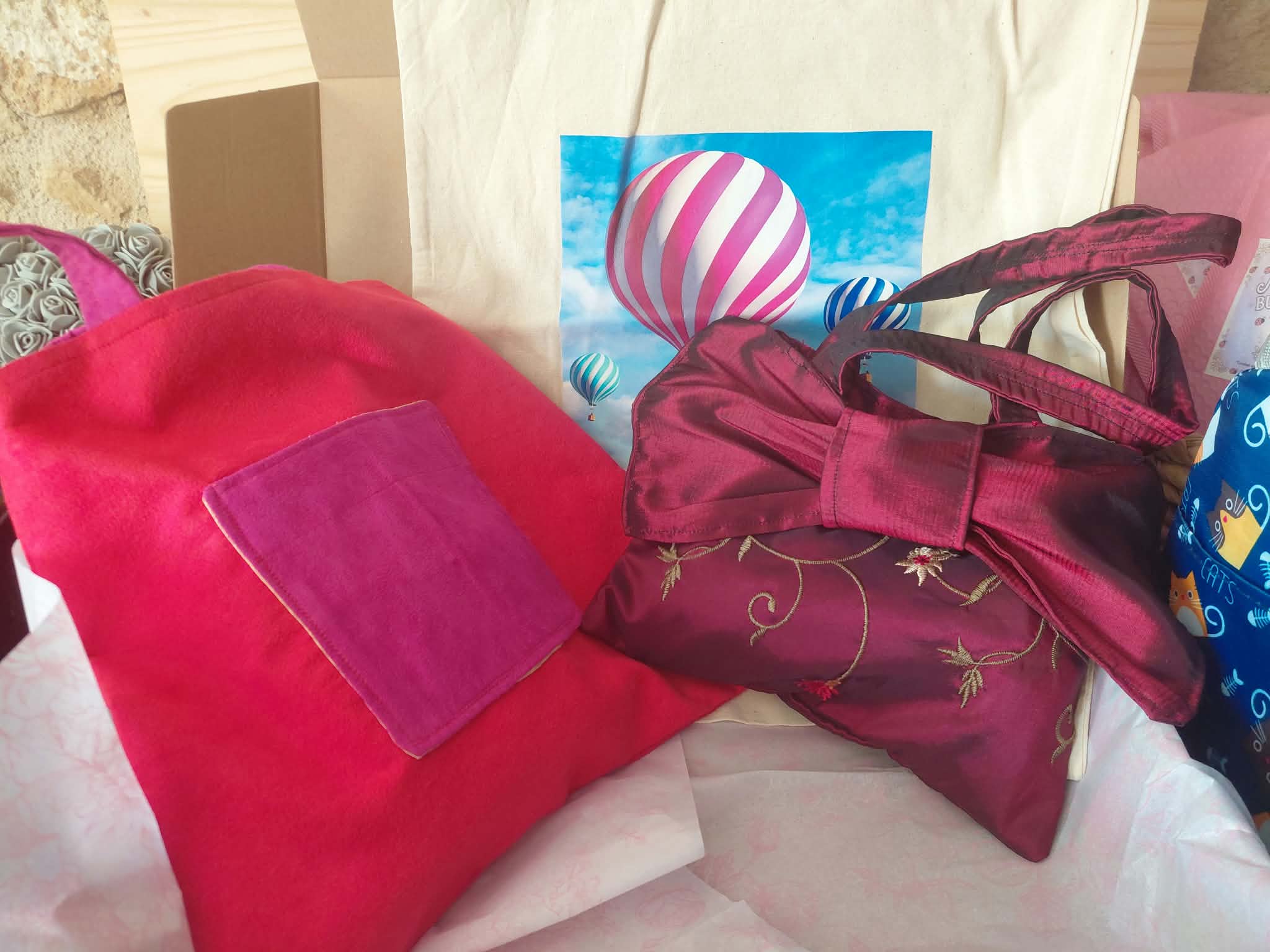 Bag and Purse box set - Faux Suede and embroidered Taffeta Handbags, etc