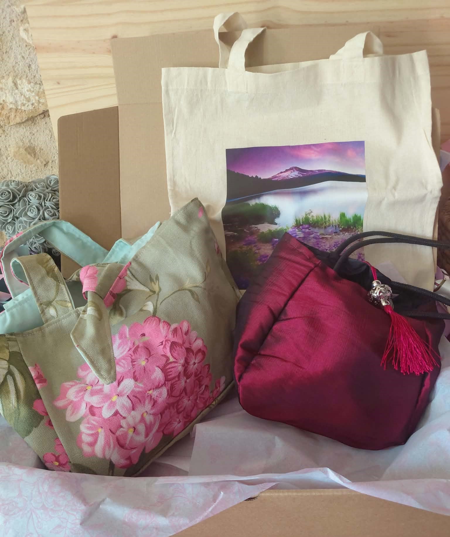 Bag and Purse Box Set - Cotton tie bag and Taffeta evening bag , 10 Items