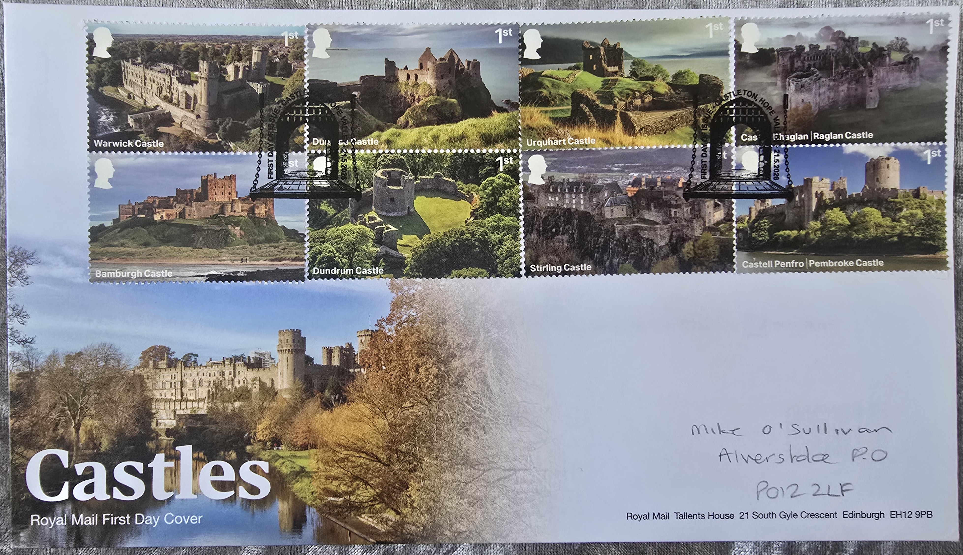 Royal Mail Castles First Day Cover 2026 – Full Set of 8 1st Class Stamps & Special Handstamp