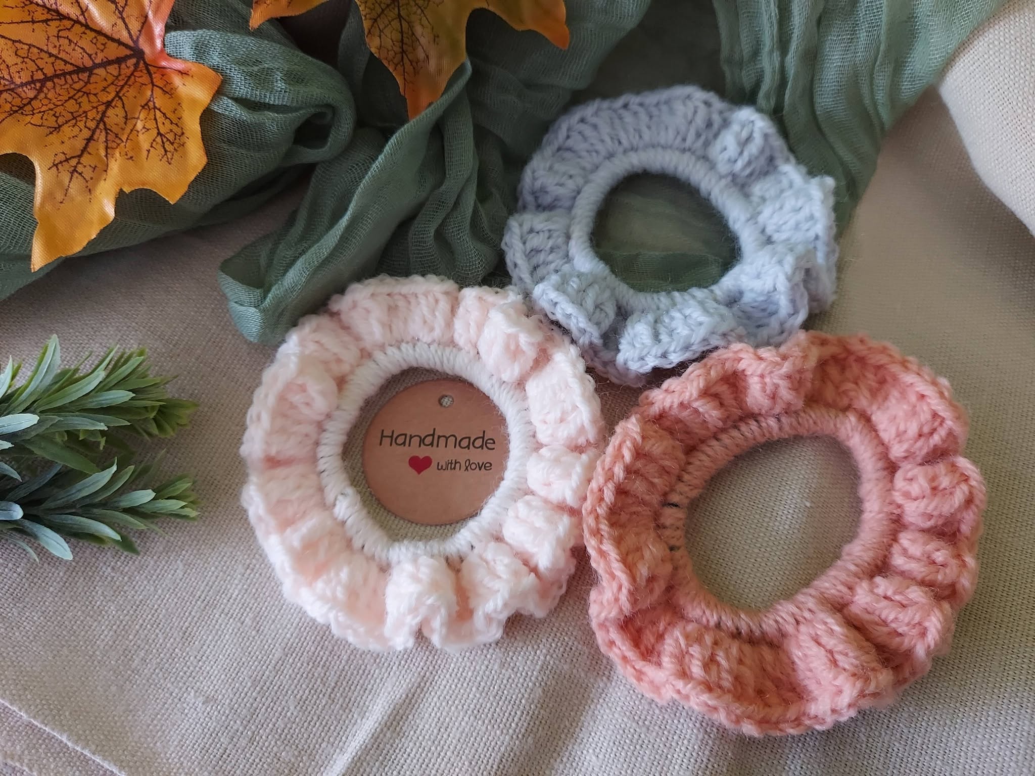 Autumn Crochet Scrunchies Pack of 3 - Blush, Rose, Grey