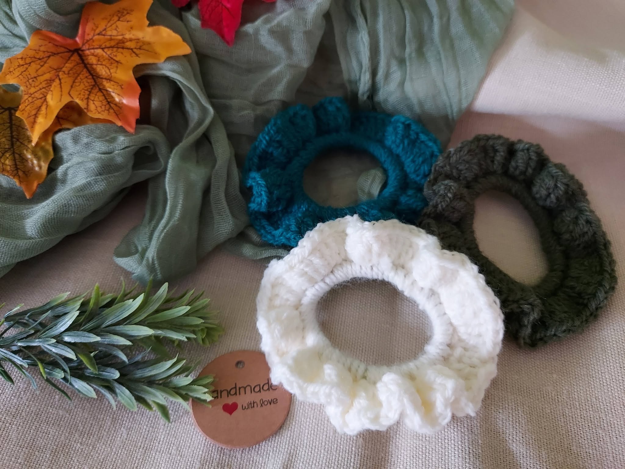 Autumn Crochet Scrunchies Pack of 3 - Cream, Forest, Petrol