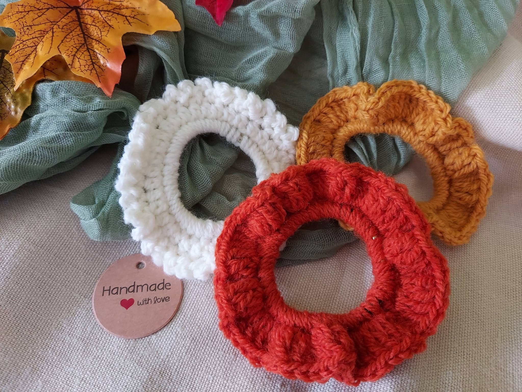 Autumn Crochet Scrunchies Pack of 3 - Cream, Mustard, Rust