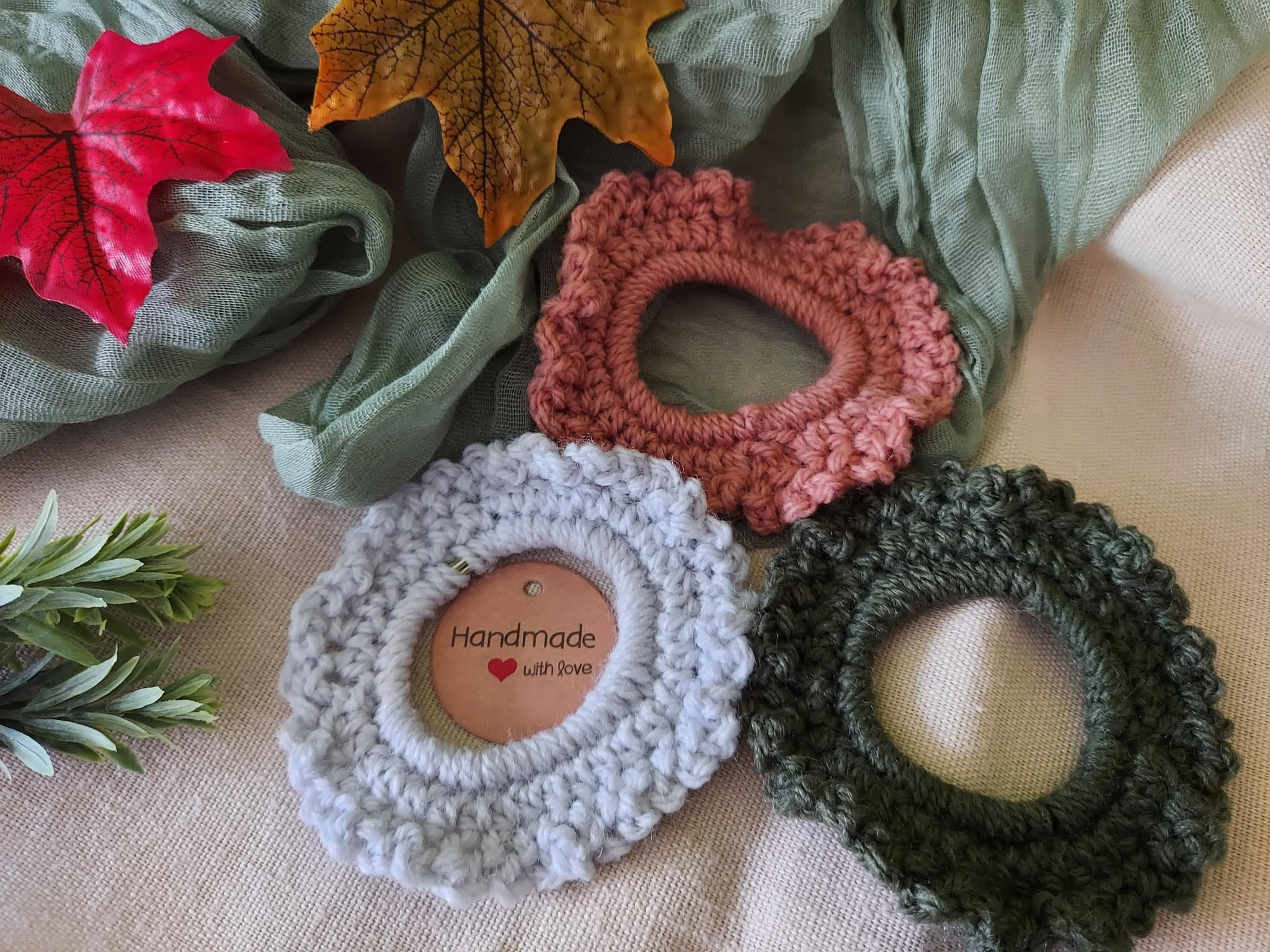 Autumn Crochet Scrunchies Pack of 3 - Grey, Rose, Forest