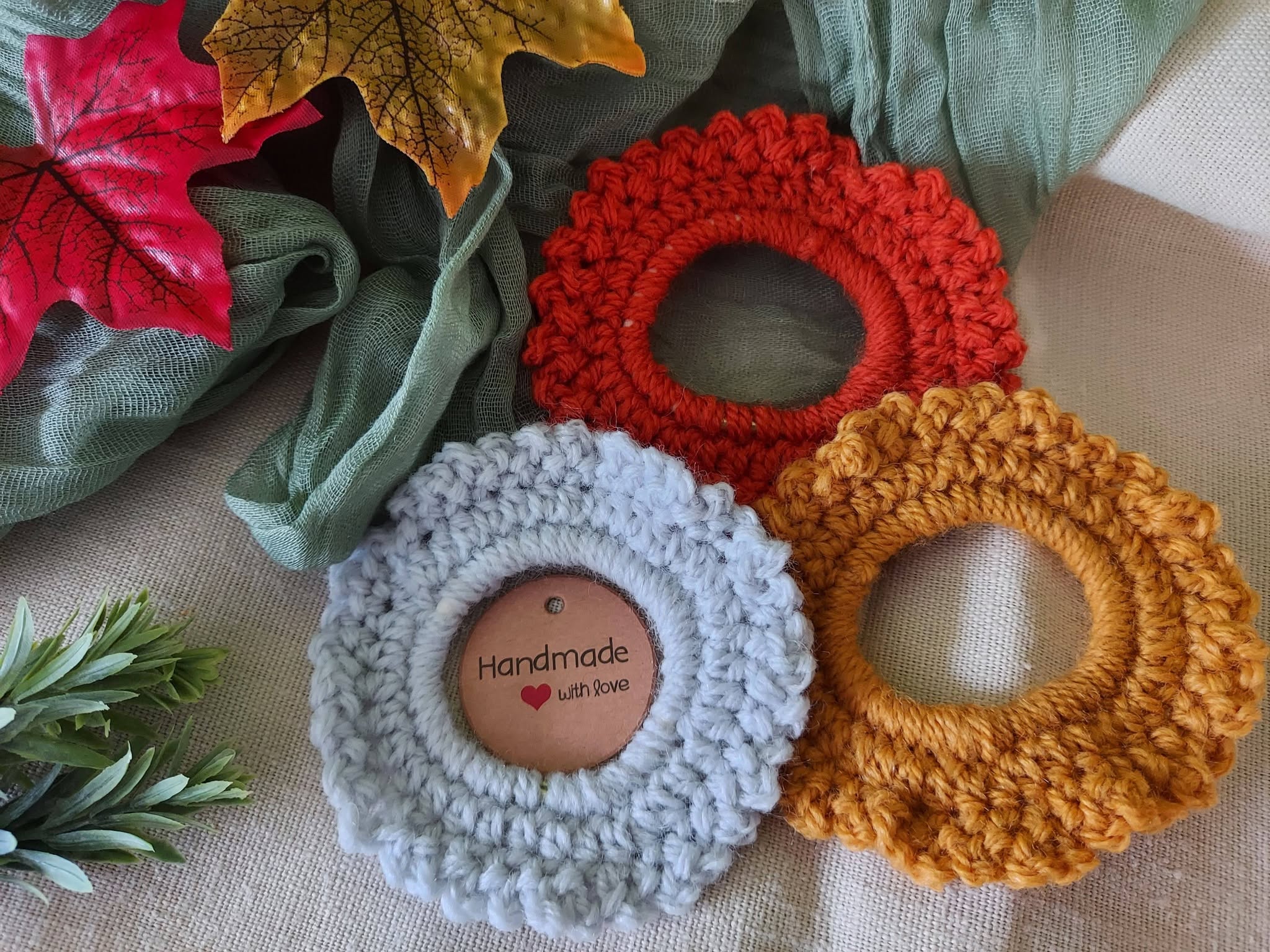Autumn Crochet Scrunchies Pack of 3 - Grey, Rust, Mustard