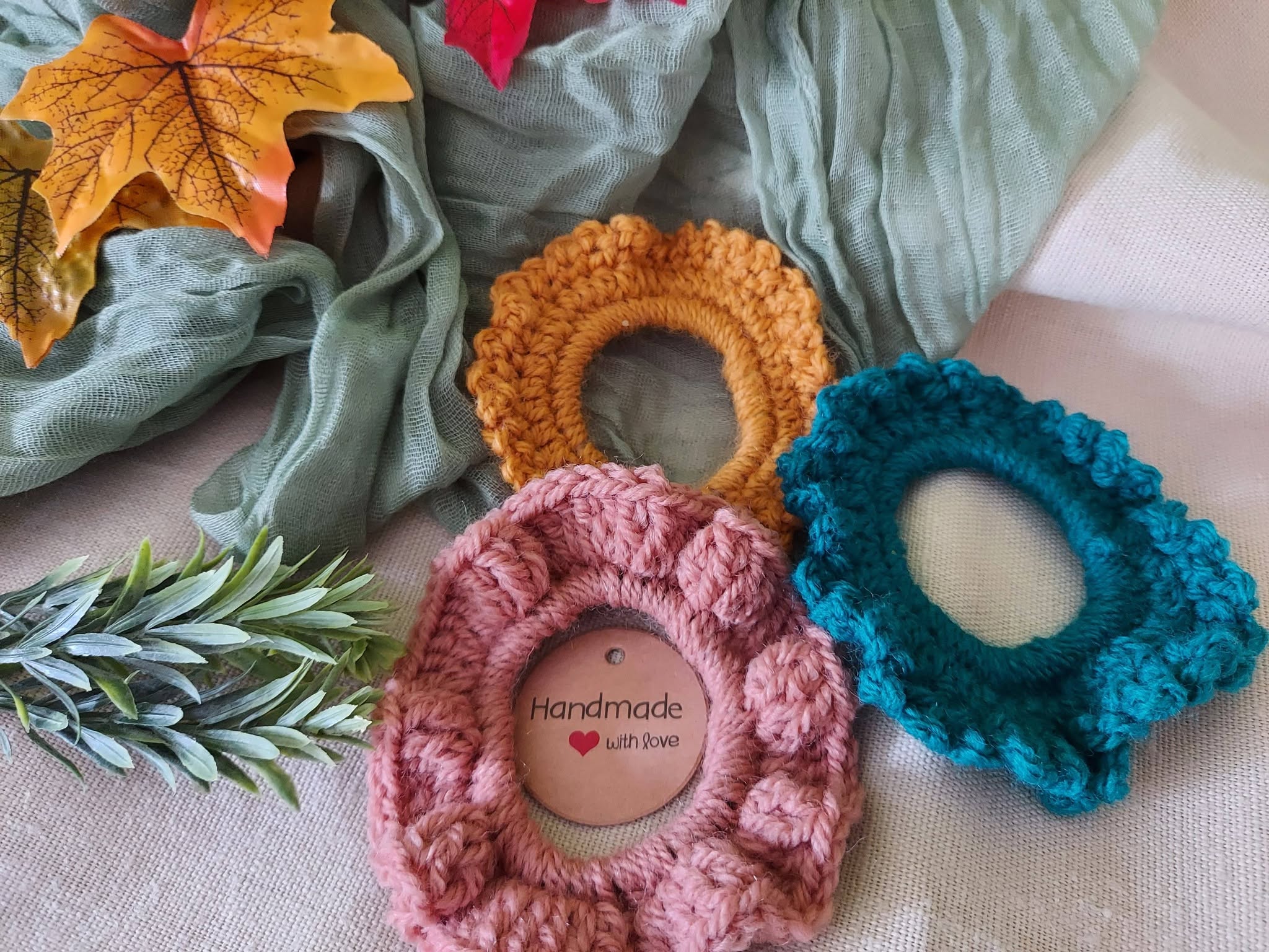 Autumn Crochet Scrunchies Pack of 3 - Mustard, Petrol, Rose