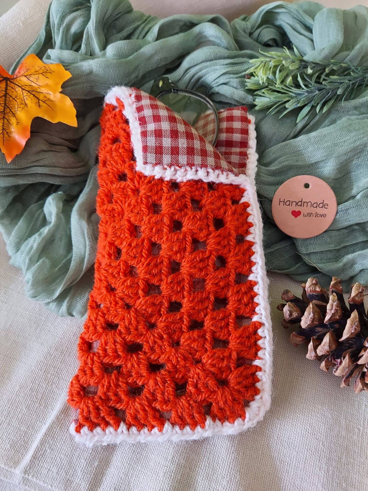 Crochet Eyeglasses Case - Soft lined, Fold-Over Top, Rust/Blush
