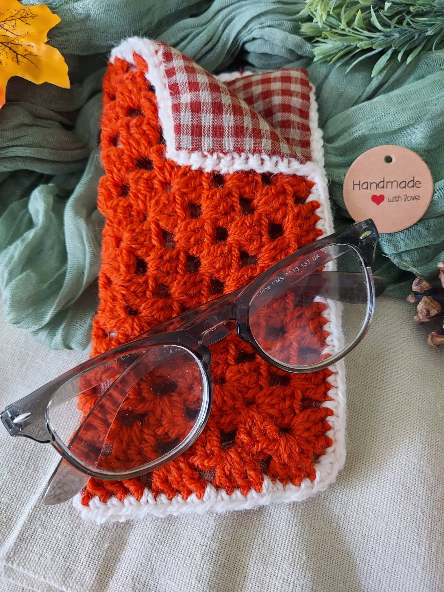Crochet Eyeglasses Case - Soft lined, Fold-Over Top, Rust/Blush