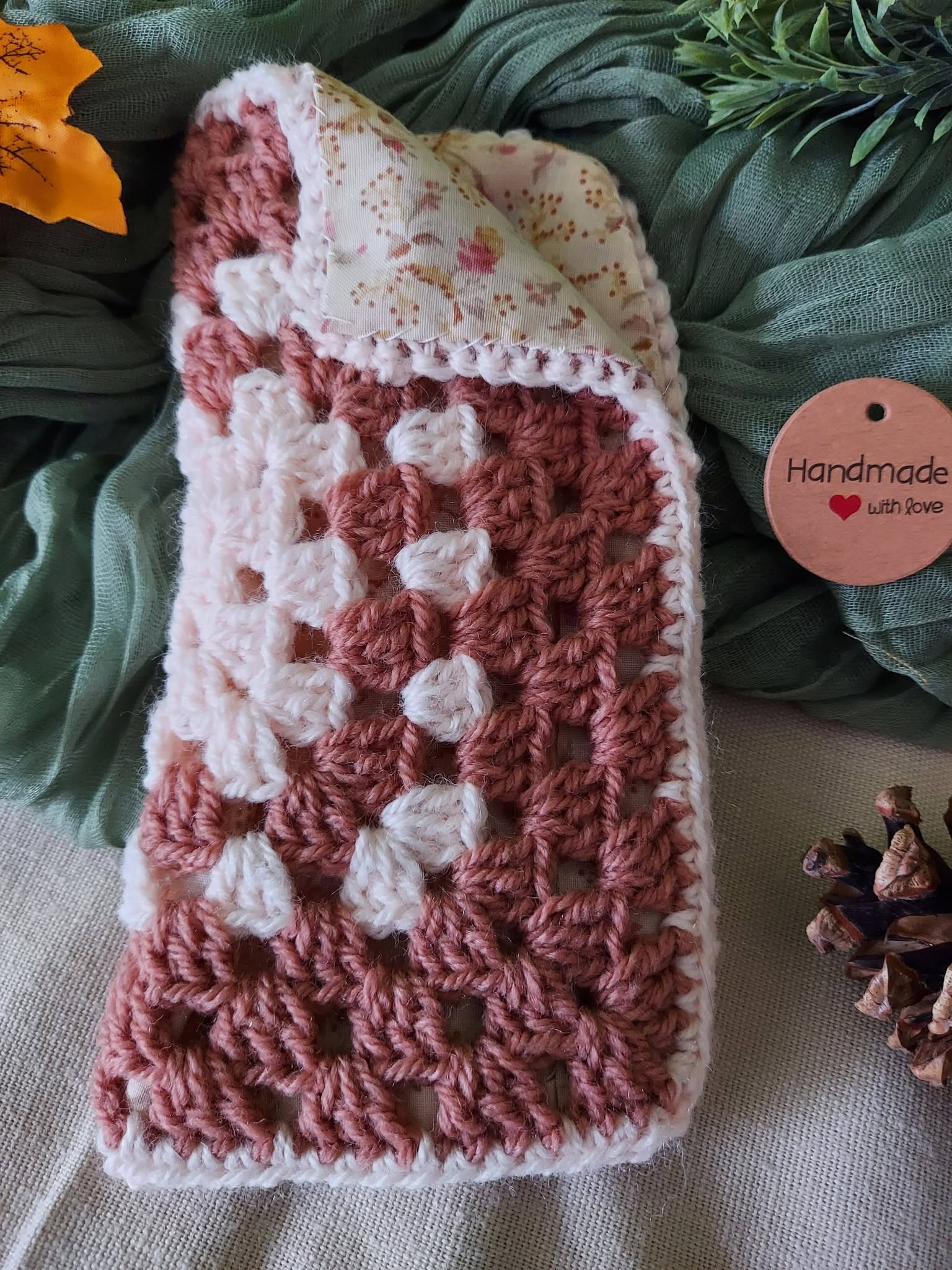 Crochet Eyeglasses Case - Soft lined, Fold-Over Top, Rose/Blush