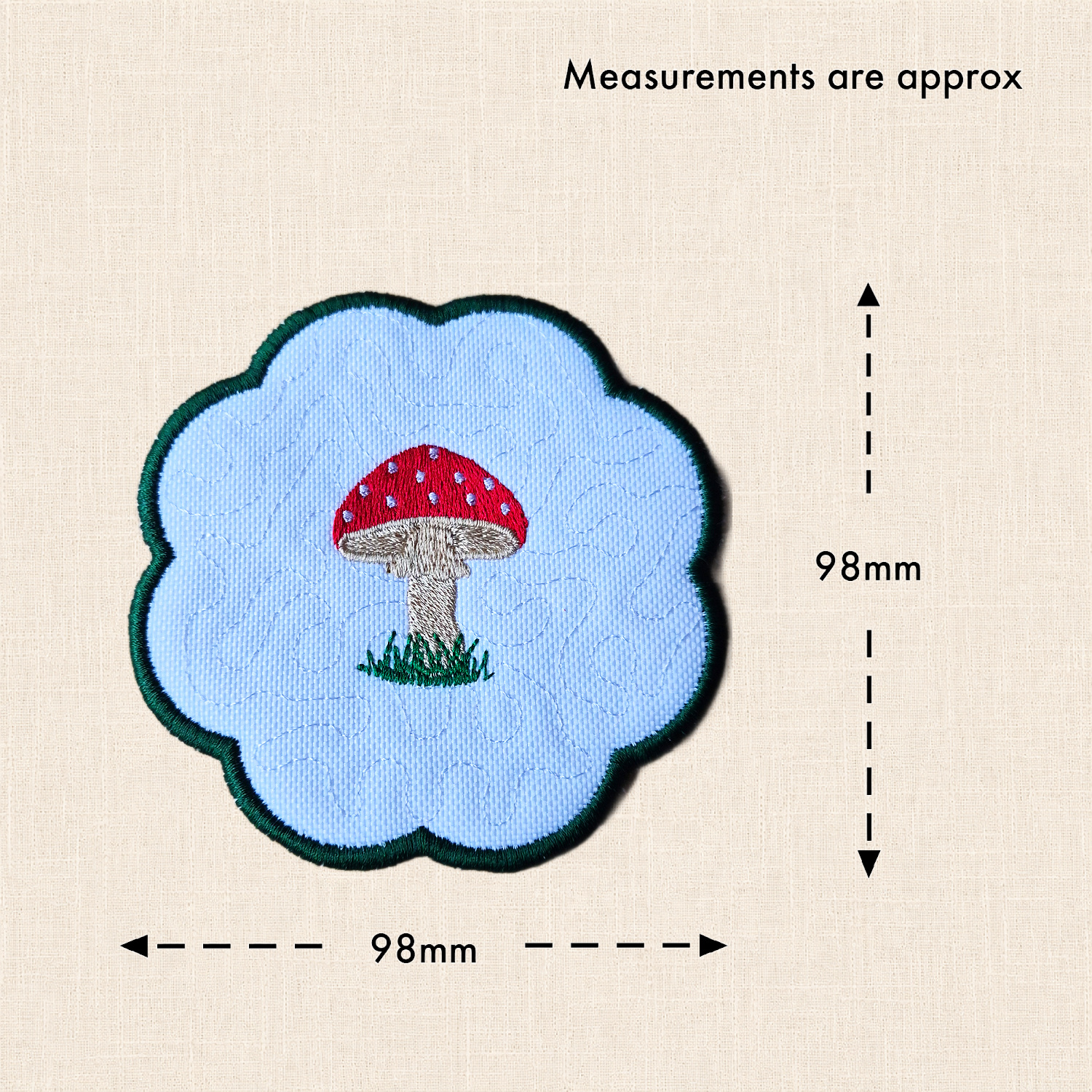 Toadstool Candle Coaster size guide showing approximate measurements of 98mm by 98mm