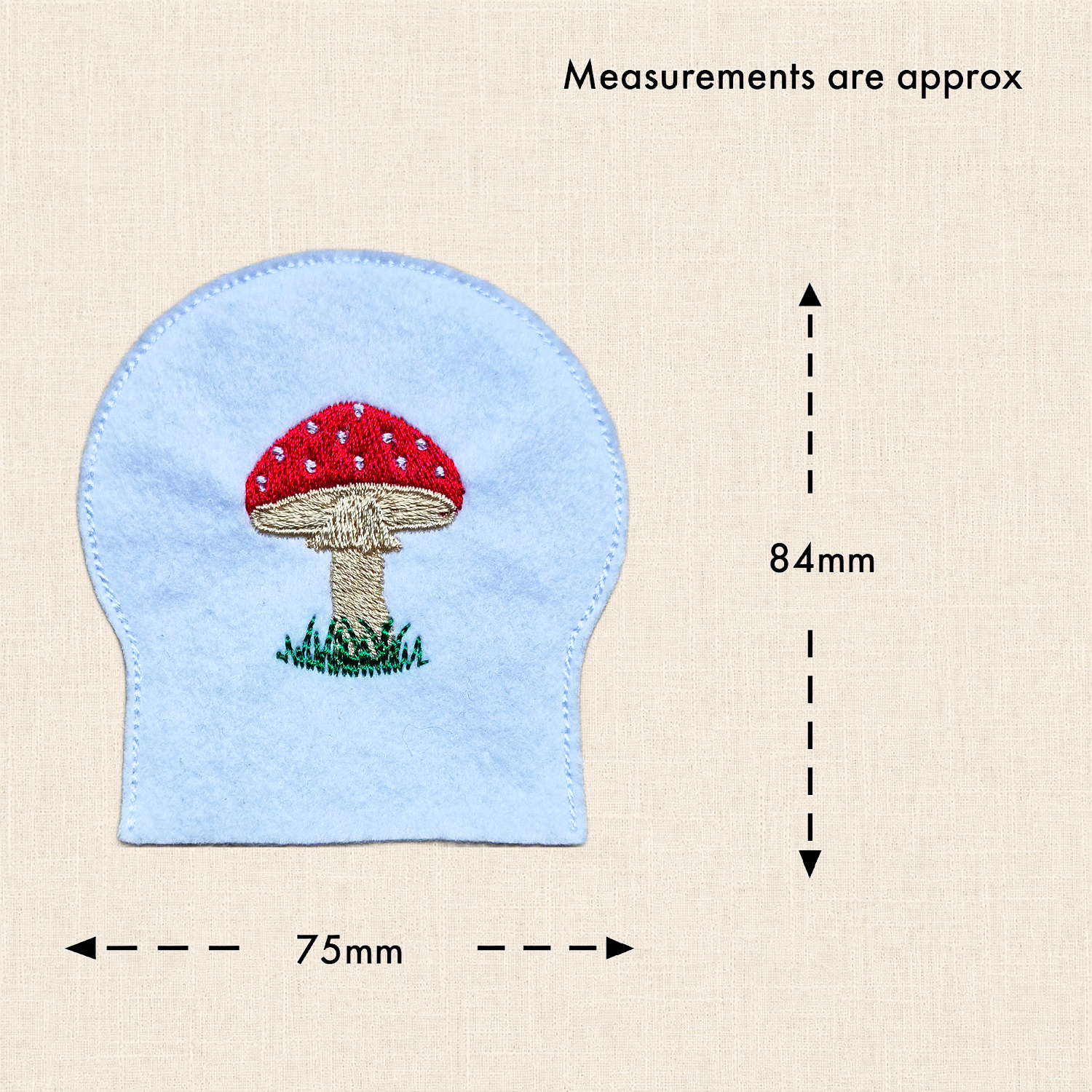 Toadstool Tealight Cover size guide showing approximate measurements of 84mm high by 75mm wide