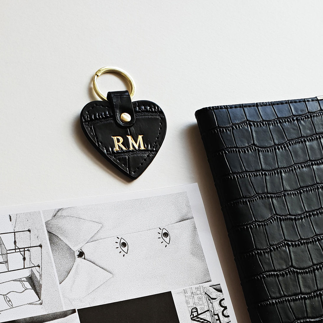 Black embossed leather personalised heart keyring