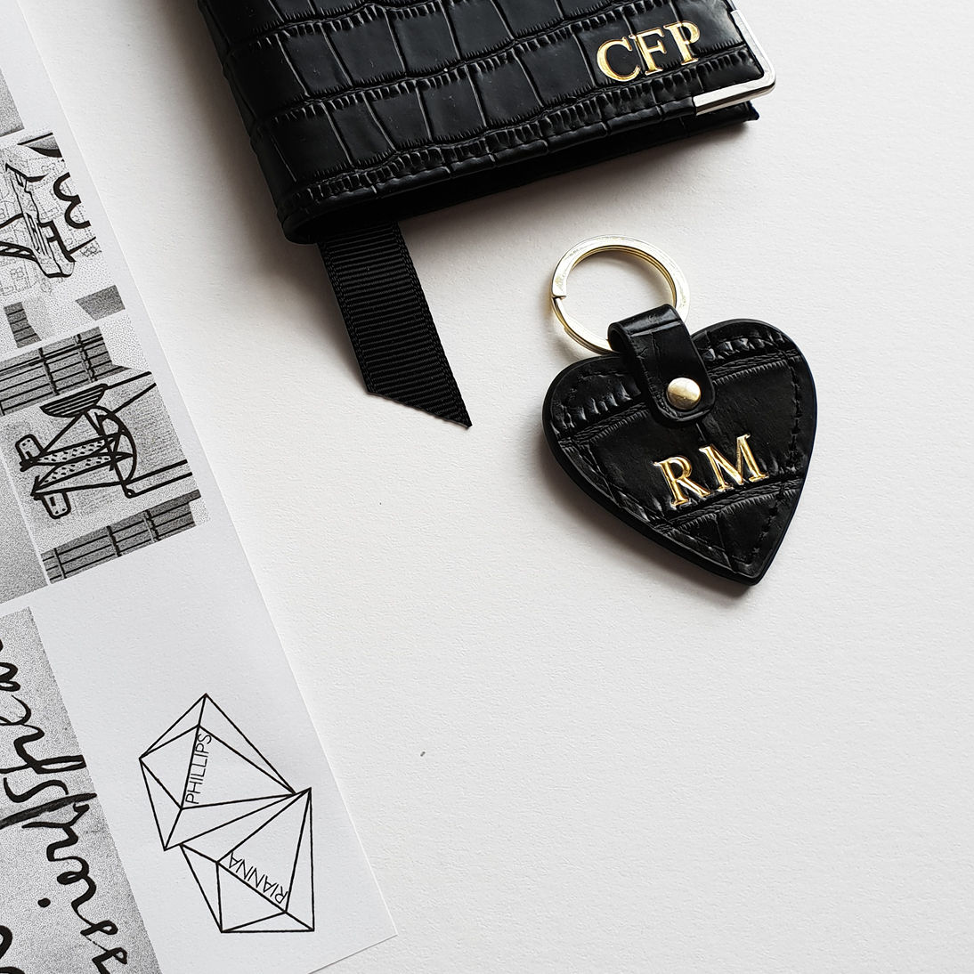 Black embossed leather personalised heart keyring