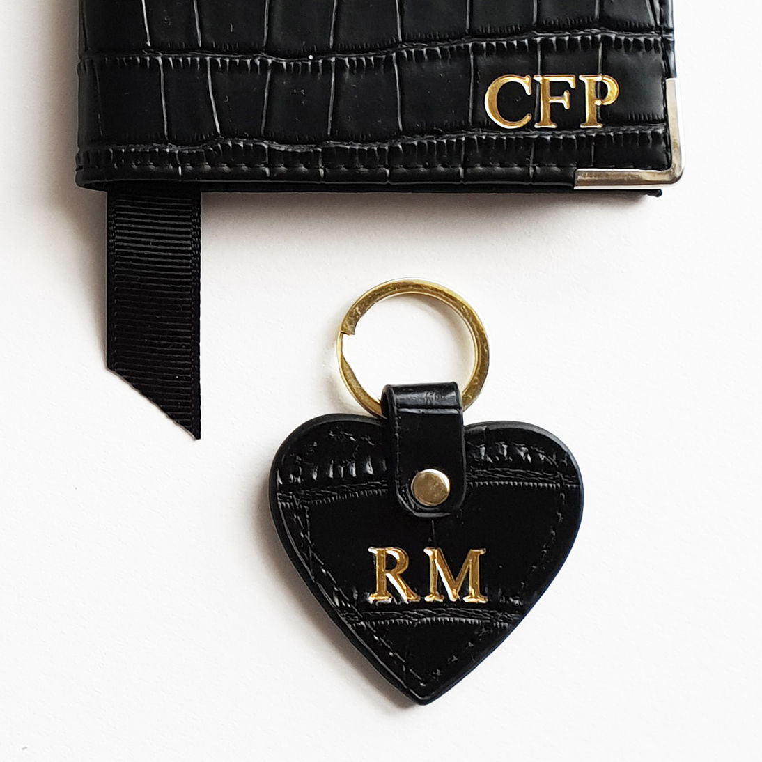 Black embossed leather personalised heart keyring