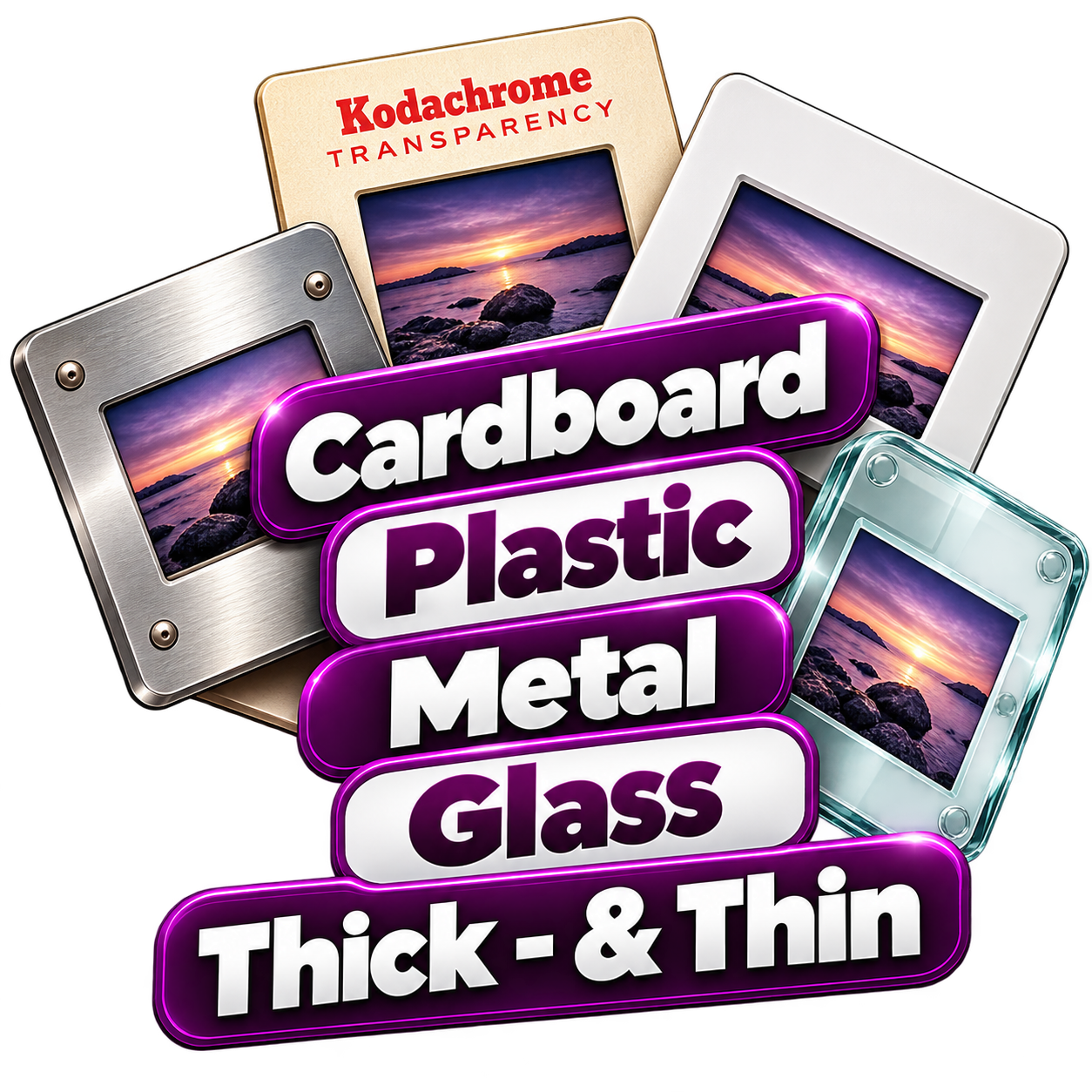 Cardboard, plastic, metal and glass slide formats accepted for scanning