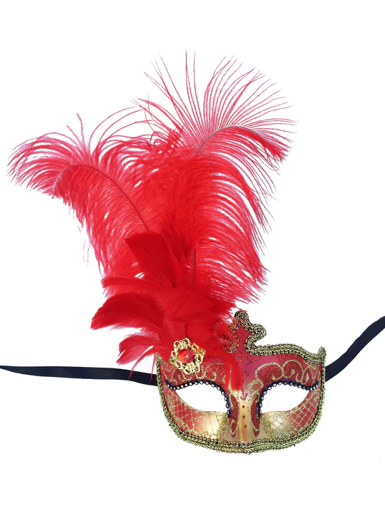 Red and Gold Anarkali Eye Mask with Feathers