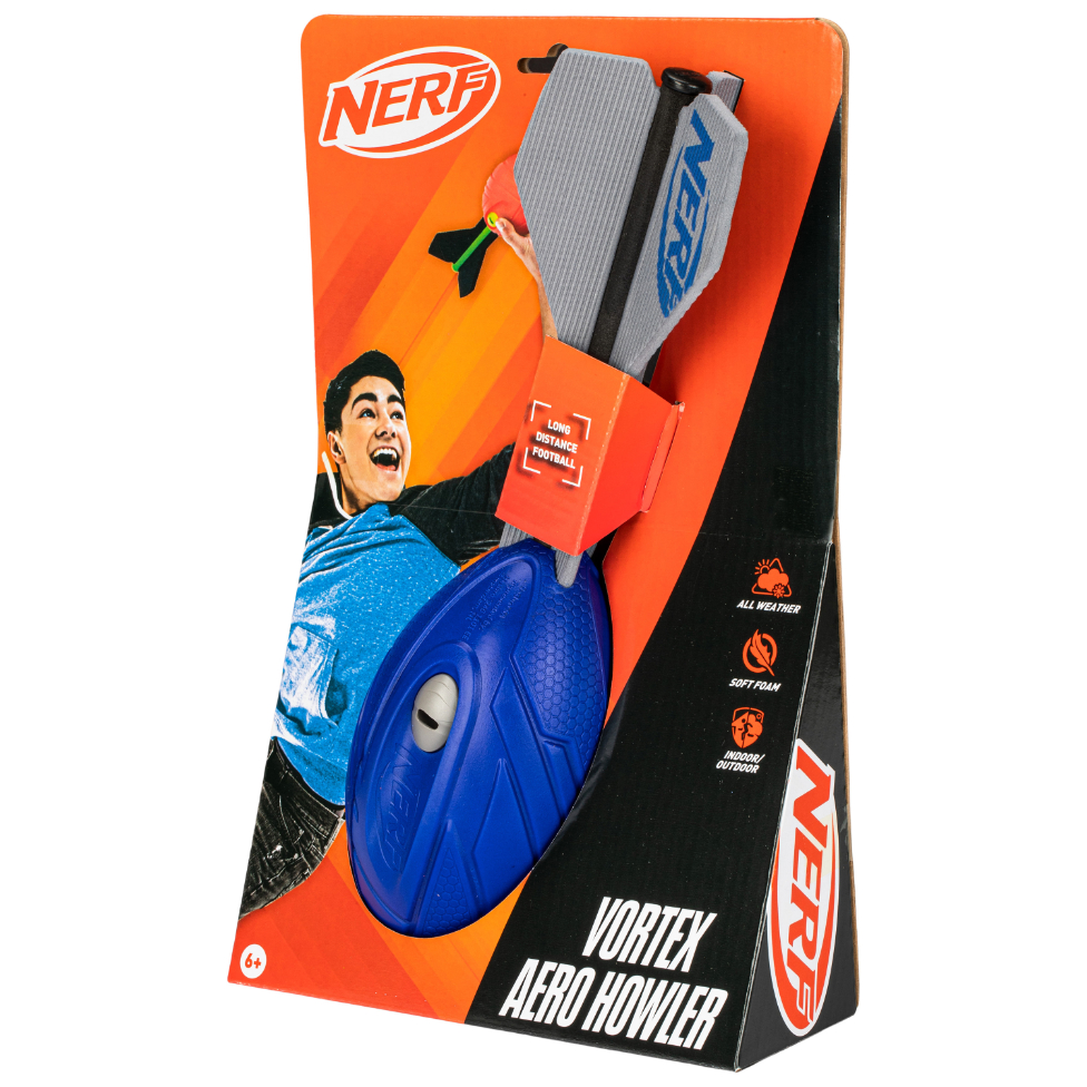 Ballon Football Nerf Vortex Aero Howler - Sifflet Intégré, Lancer Longue Distance, Mousse Souple Bleu