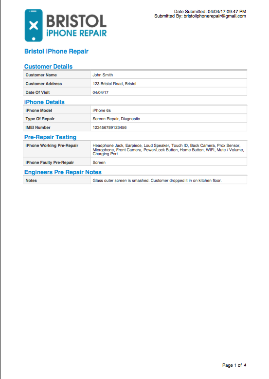 Sample testing report, page 1: customer and device details