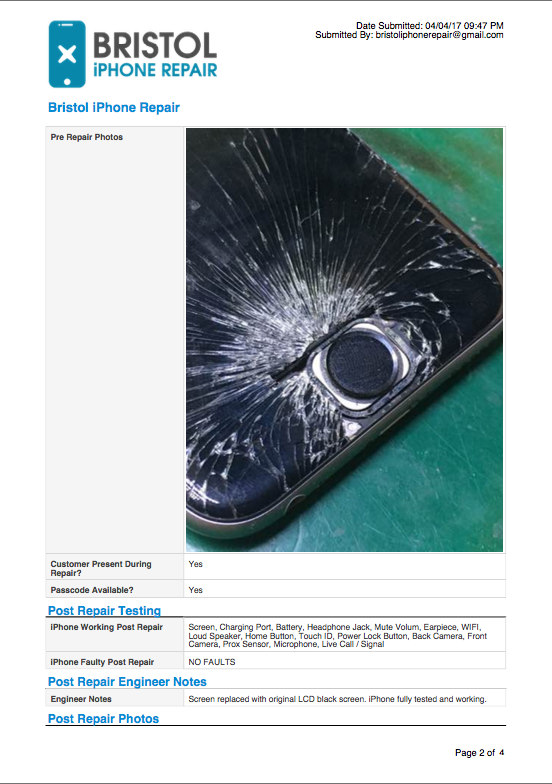 Sample testing report, page 2: pre-repair photo and post-repair testing