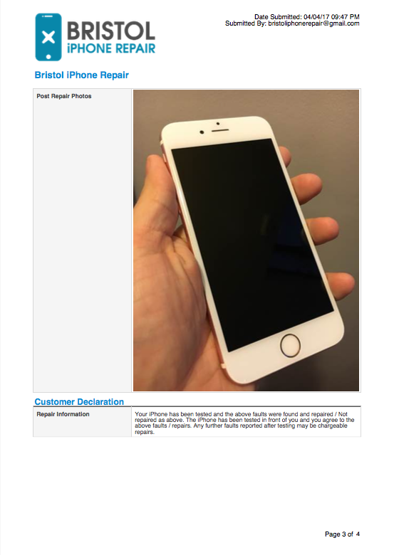 Sample testing report, page 3: post-repair photo and customer declaration