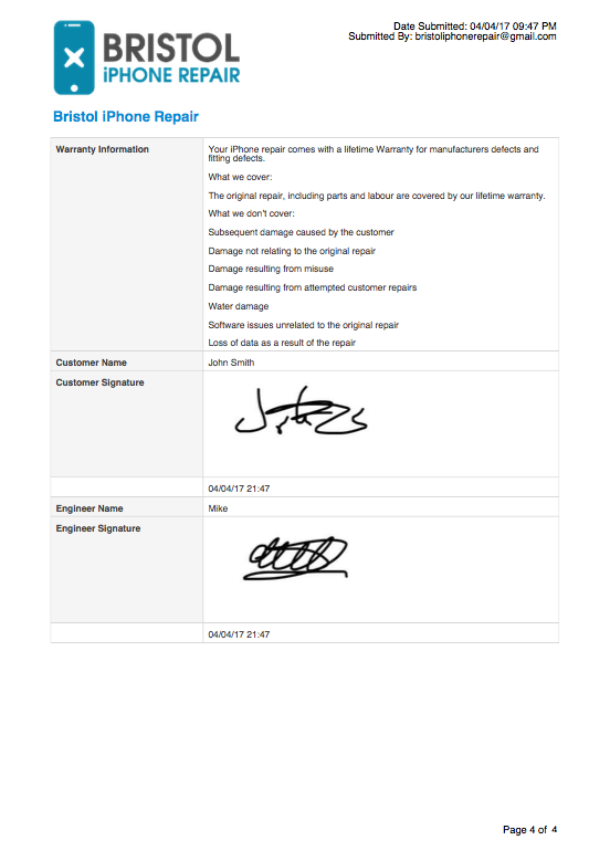 Sample testing report, page 4: warranty information and signatures