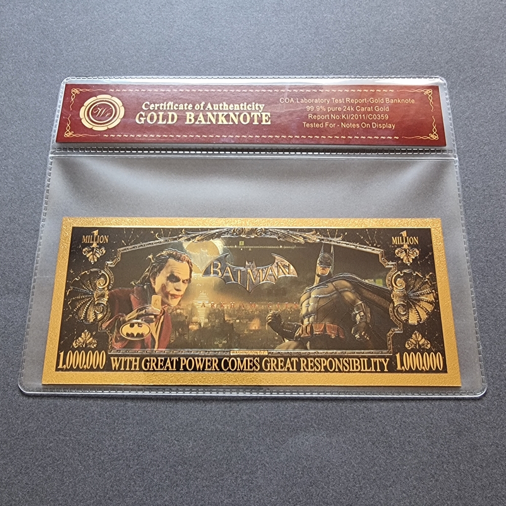 Colourised BATMAN & JOKER 24k gold plated banknote with COA