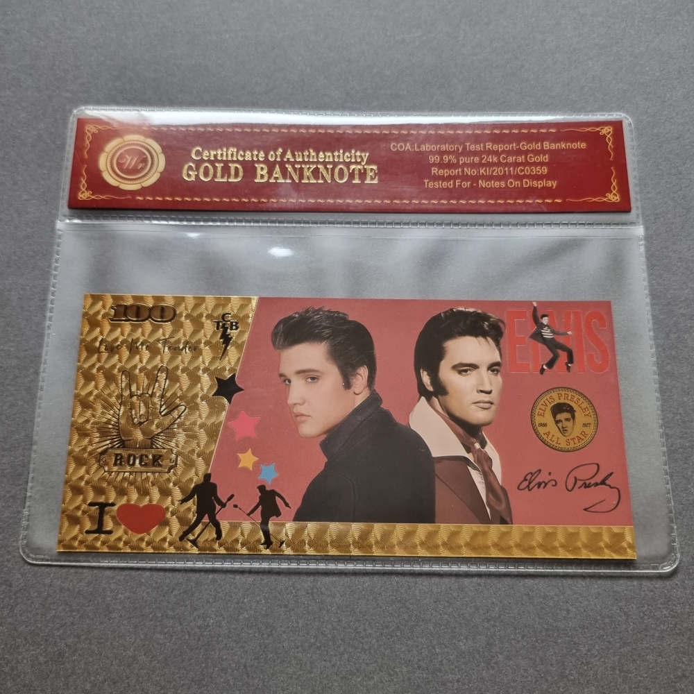 Colourised ELVIS PRESLEY 1935-1977 24k gold plated banknote with COA