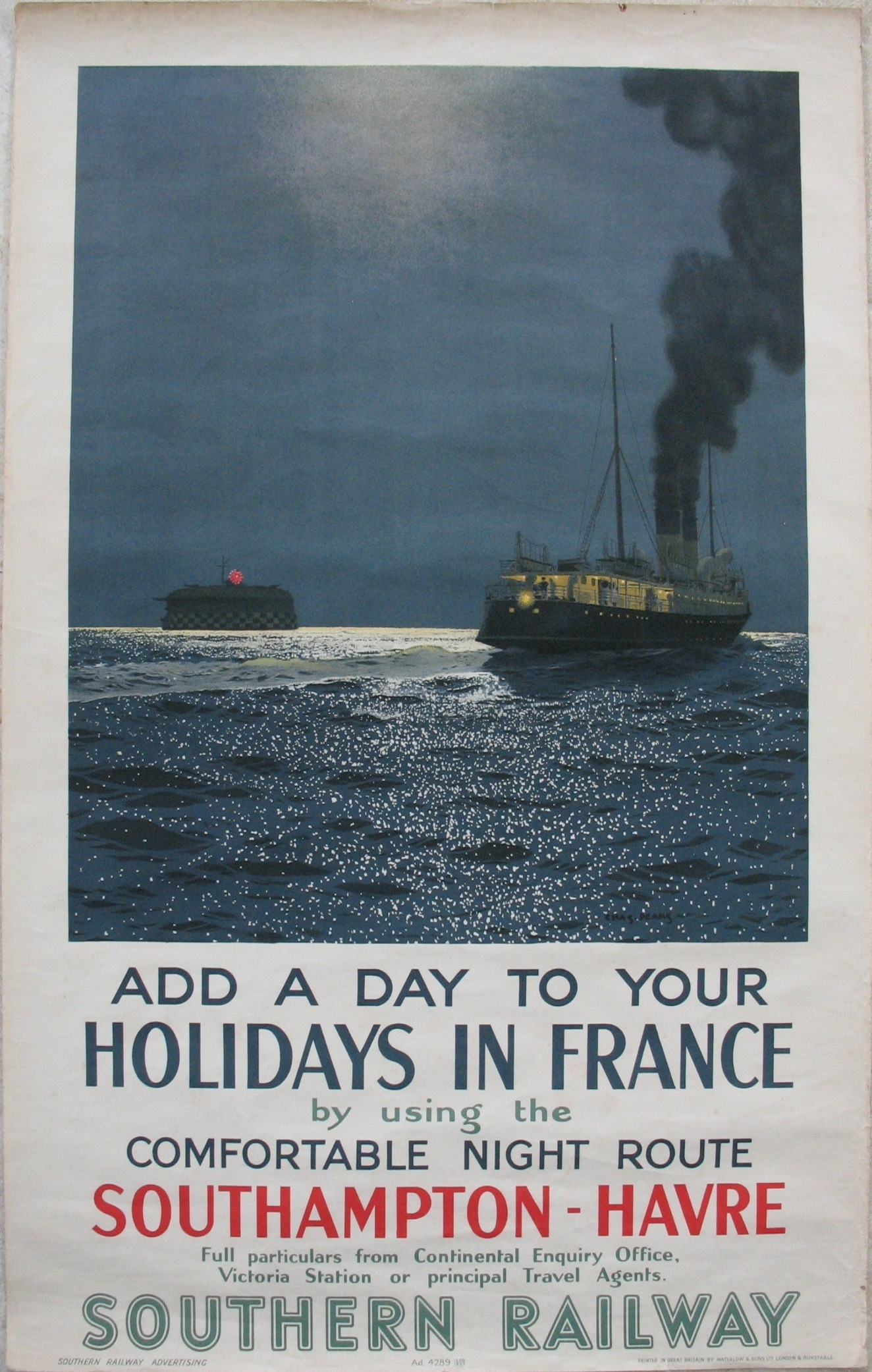 Original Railway Poster Add A Day To Your Holidays In France By Using The Comfortable Night Route Southampton Havre By Charles Pears