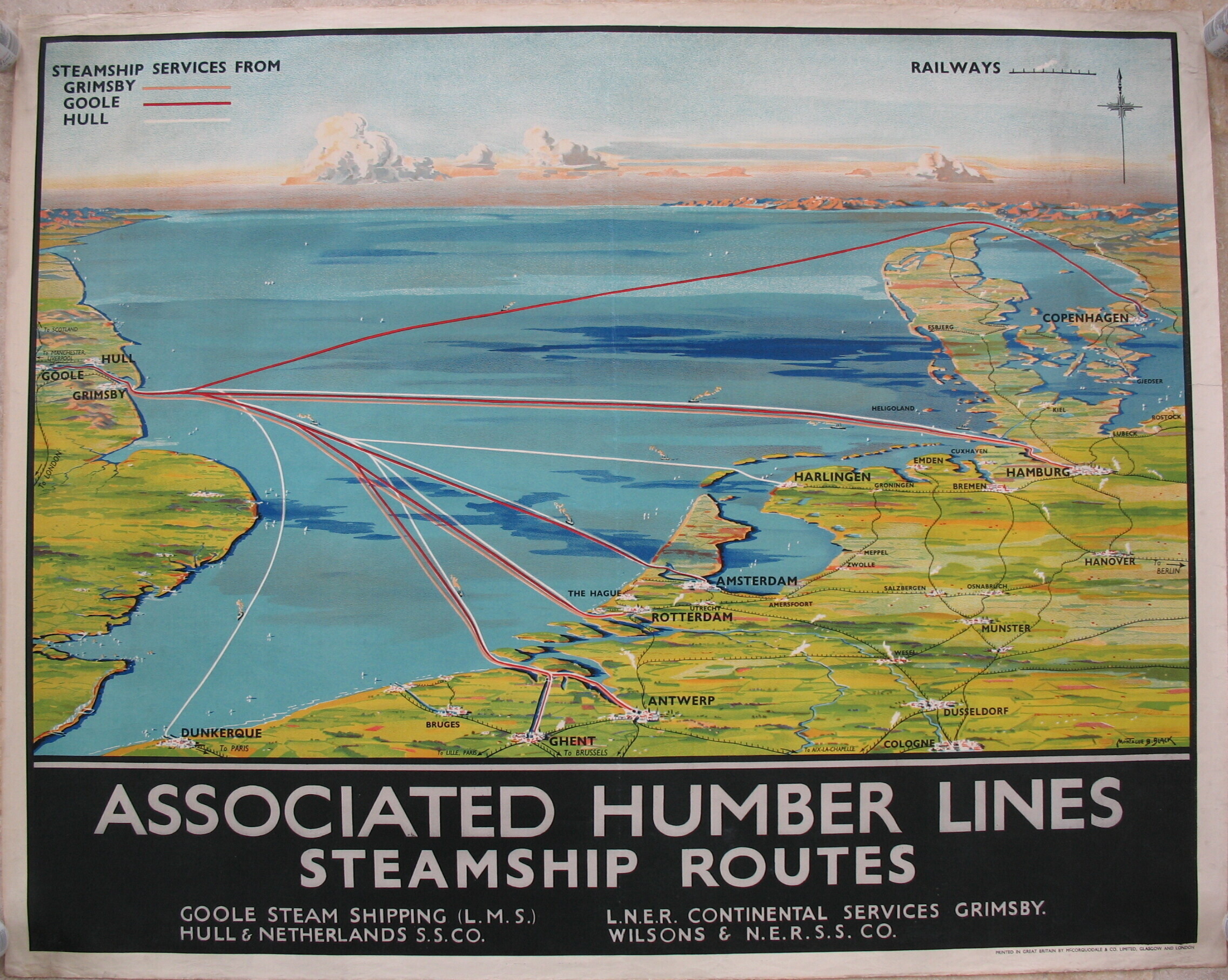 Original LNER Railway Poster Associated Humber Lines Steamship Routes By Montague Birrell Black