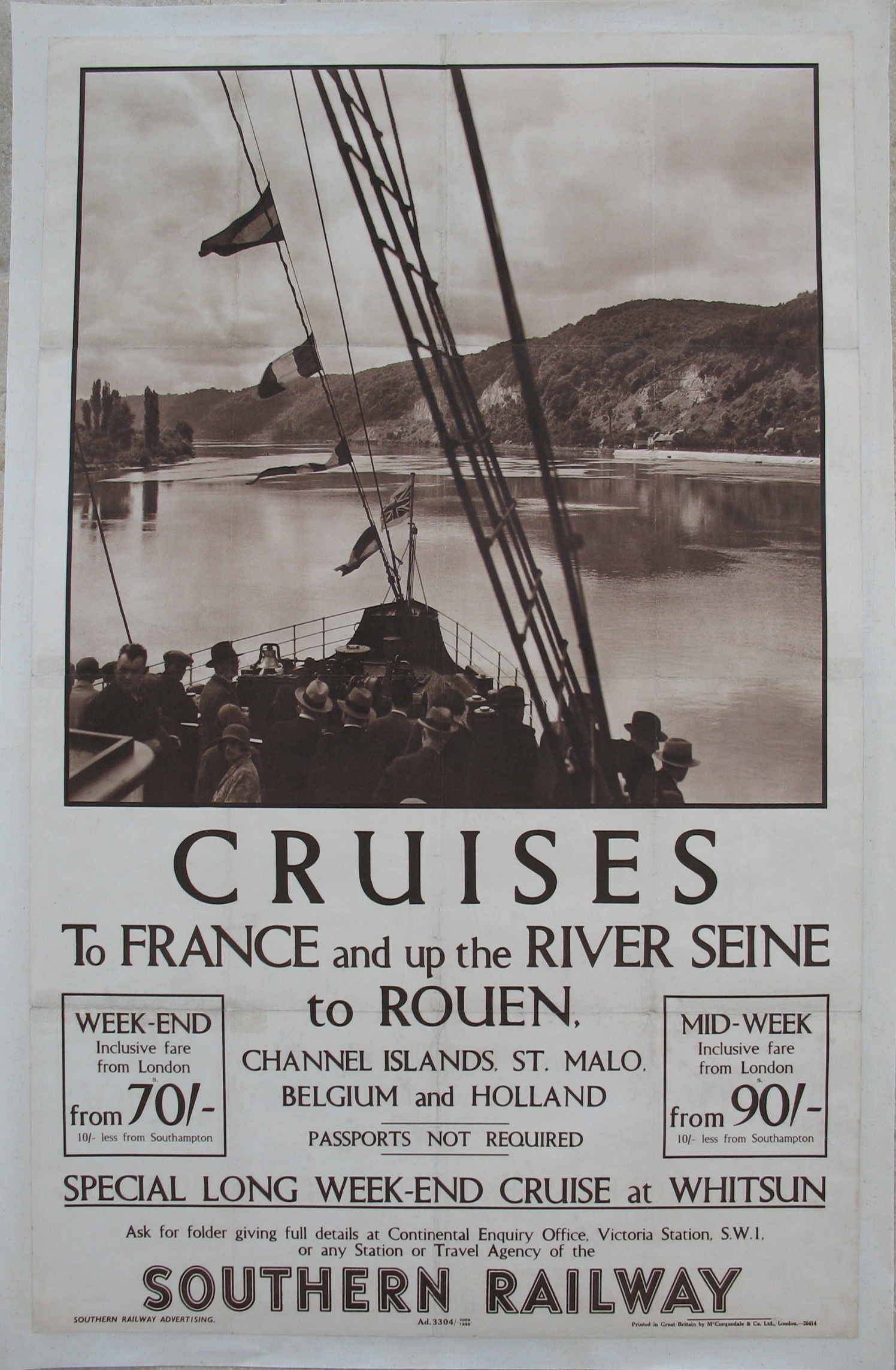 Original Southern Railway Poster Cruises To France And Up The River Seine To Rouen Channel Islands St Malo Belgium And Holland
