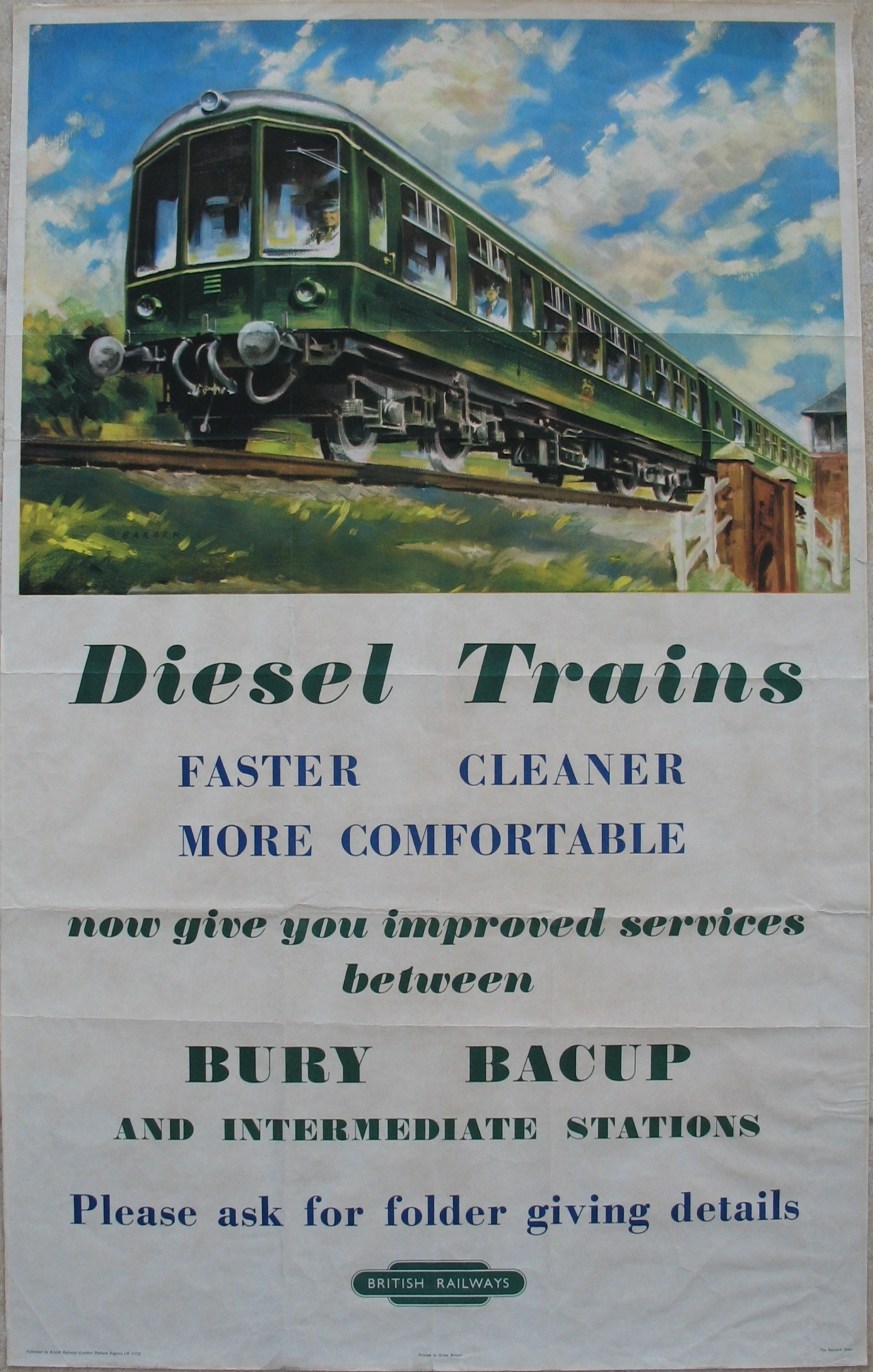 Original Railway Poster Diesel Trains Faster Cleaner More Comfortable Bury Bacup And Intermediate Stations By Barber