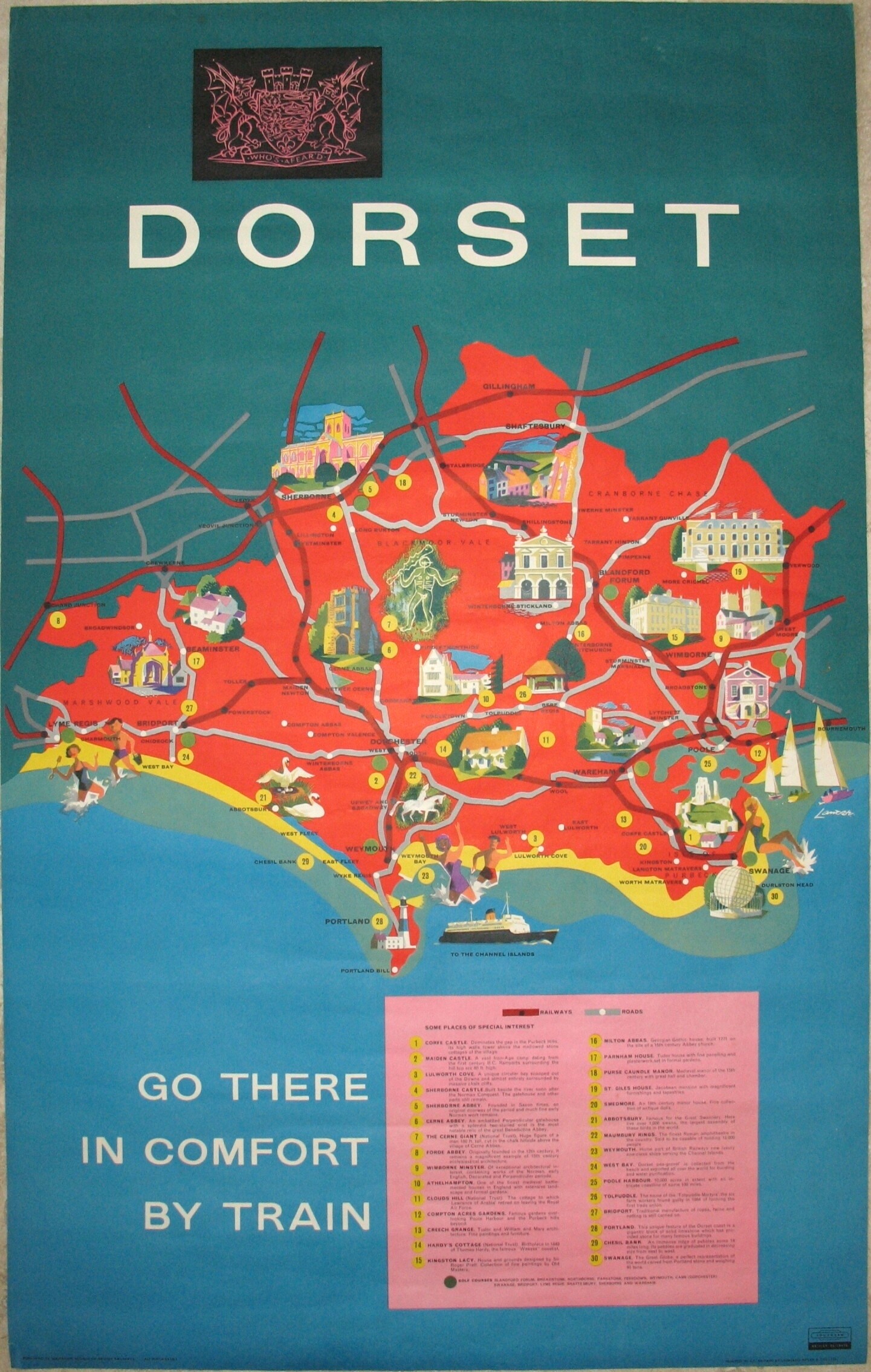 Original Railway Poster Dorset Map Go There In Comfort By Train Reginald Lander
