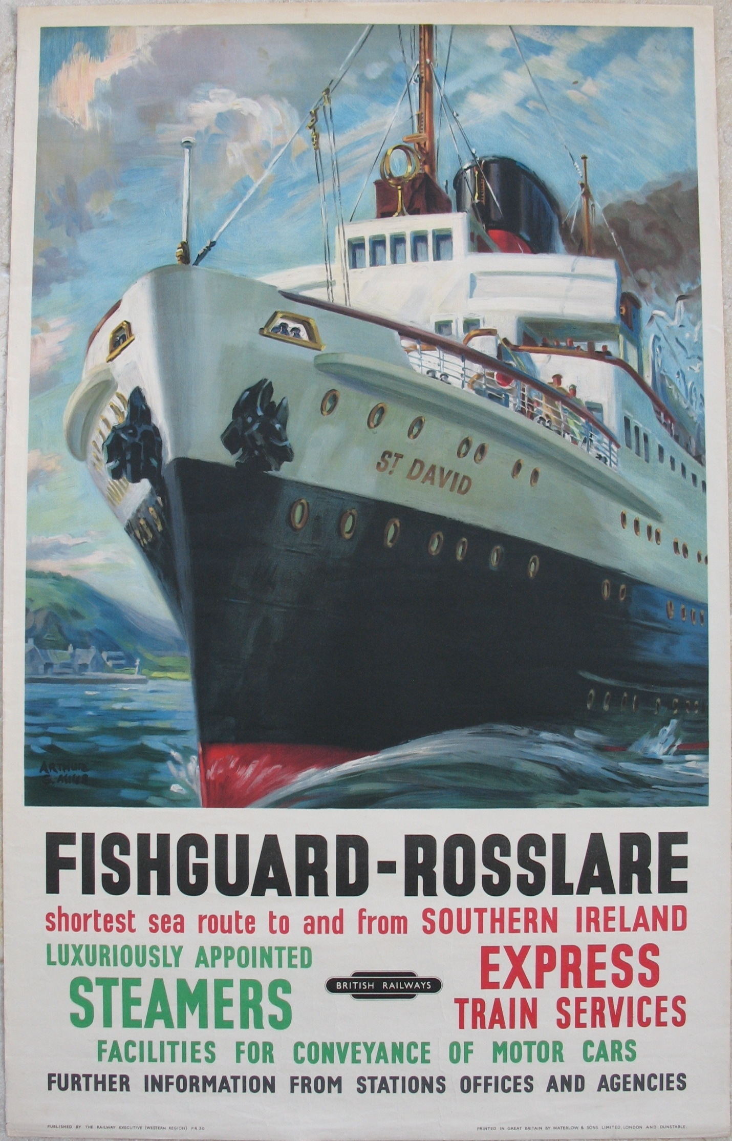 Original Railway Poster Fishguard Rosslare Shortest Sea Route To And From Southern Ireland By Arthur Mills