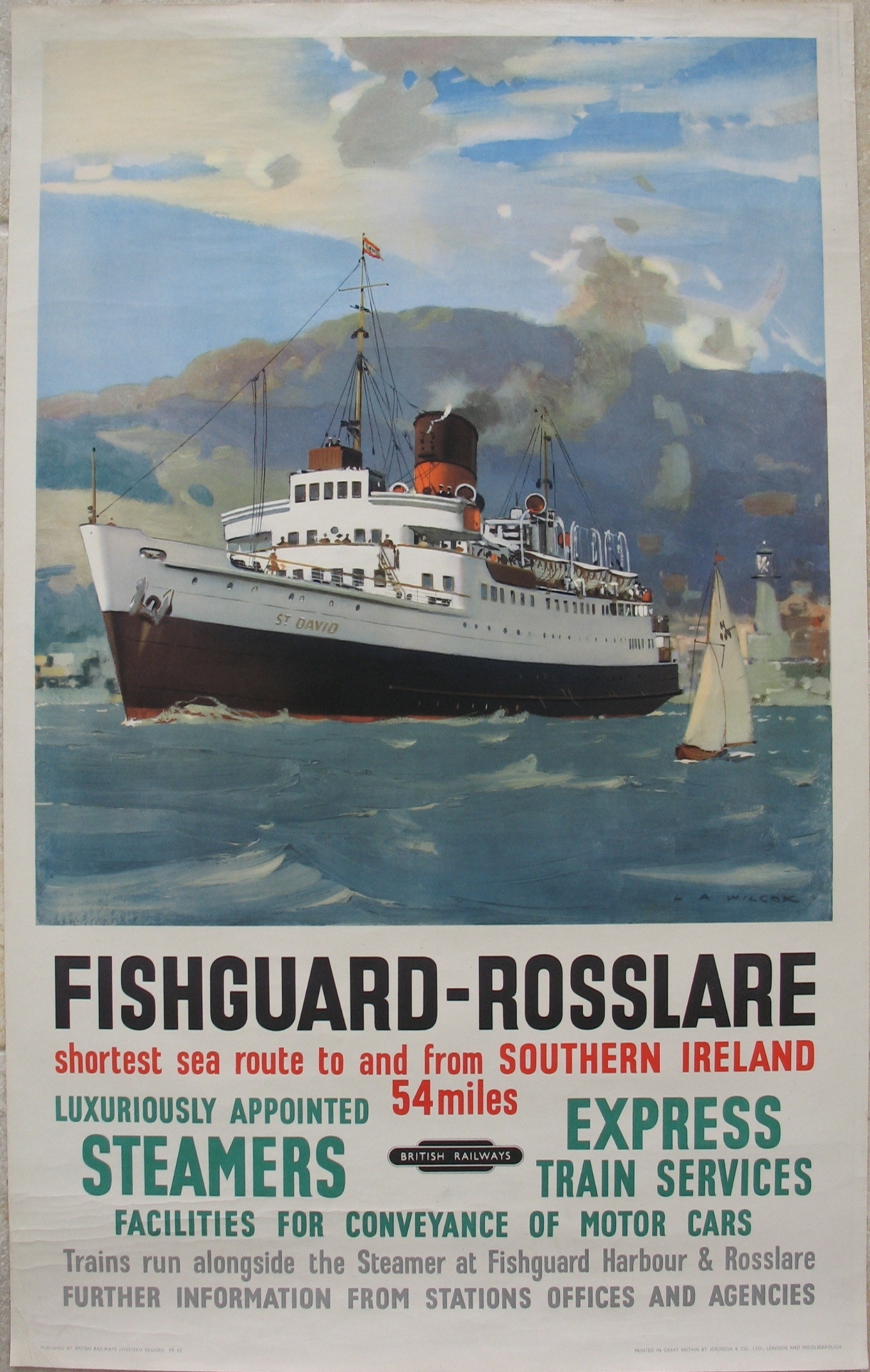 Original Railway Poster Fishguard Rosslare Shortest Sea Route To And From Southern Ireland By Leslie Arthur Wilcox