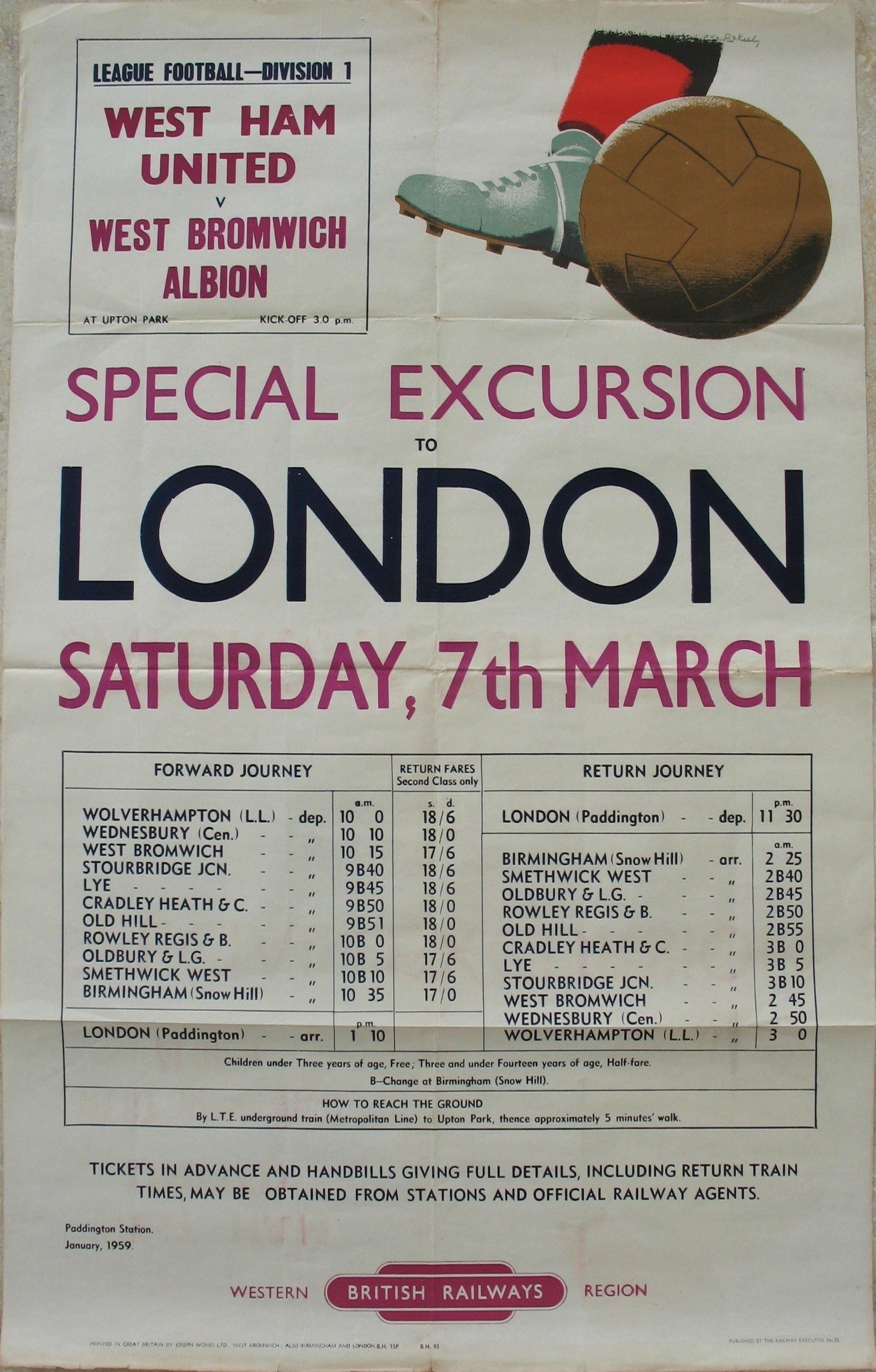 Original Railway Poster League Football Division 1 West Ham United v West Bromwich Albion Special Excursion to London Saturday 7th March 1959