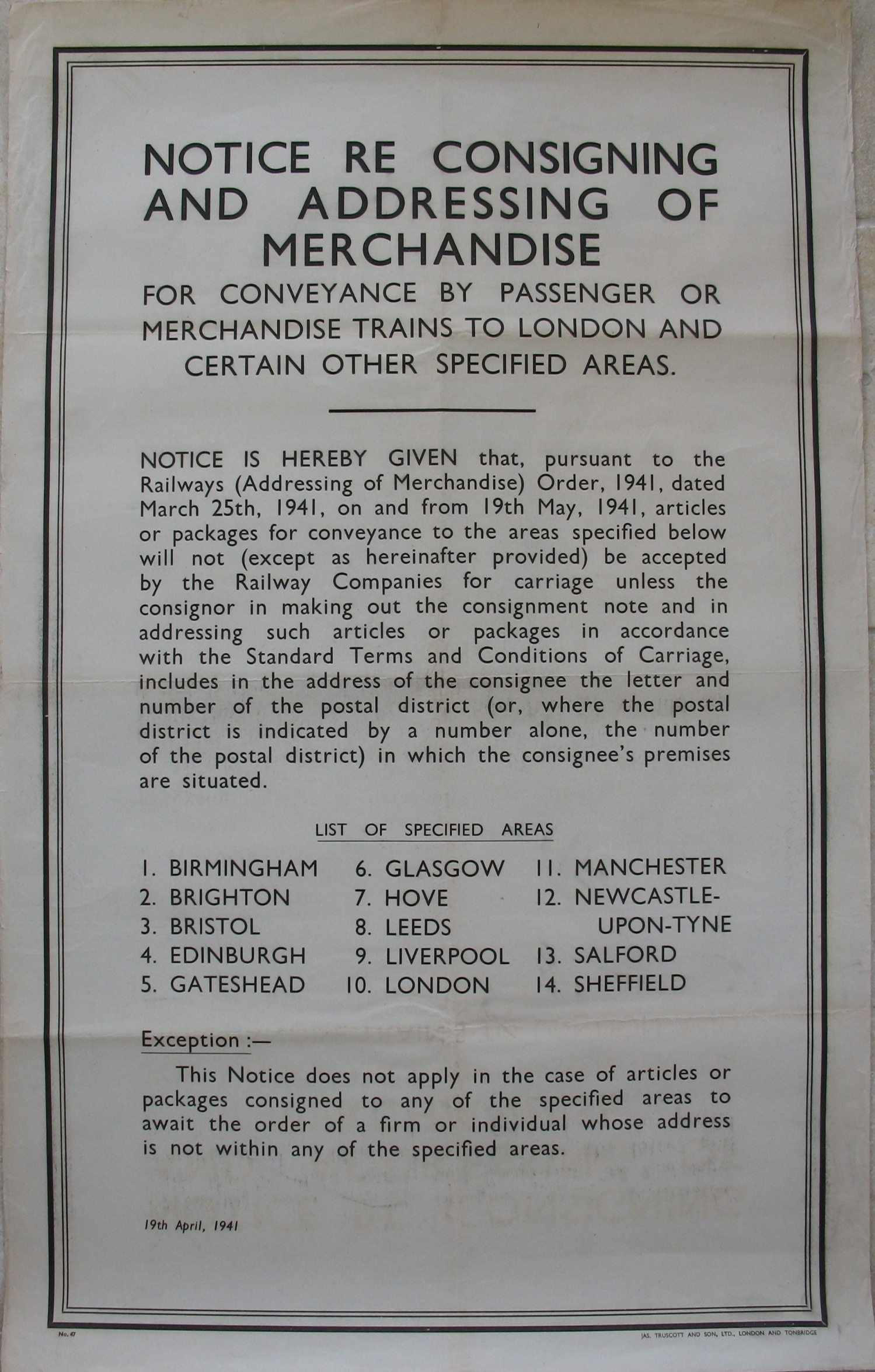 Original Wartime Railway Poster Notice re Consigning and Addressing of Merchandise For Conveyance by Passenger or Merchandise Trains to London and Certain Other Specified Areas from 19th May 1941