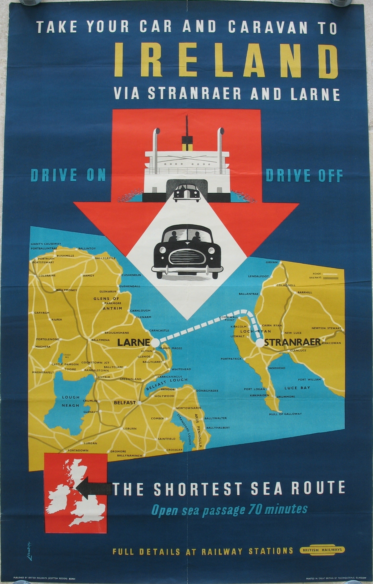 Original Railway Poster Take Your Car And Caravan To Ireland Via Stranraer And Larne Drive On Drive Off By Reginald Lander
