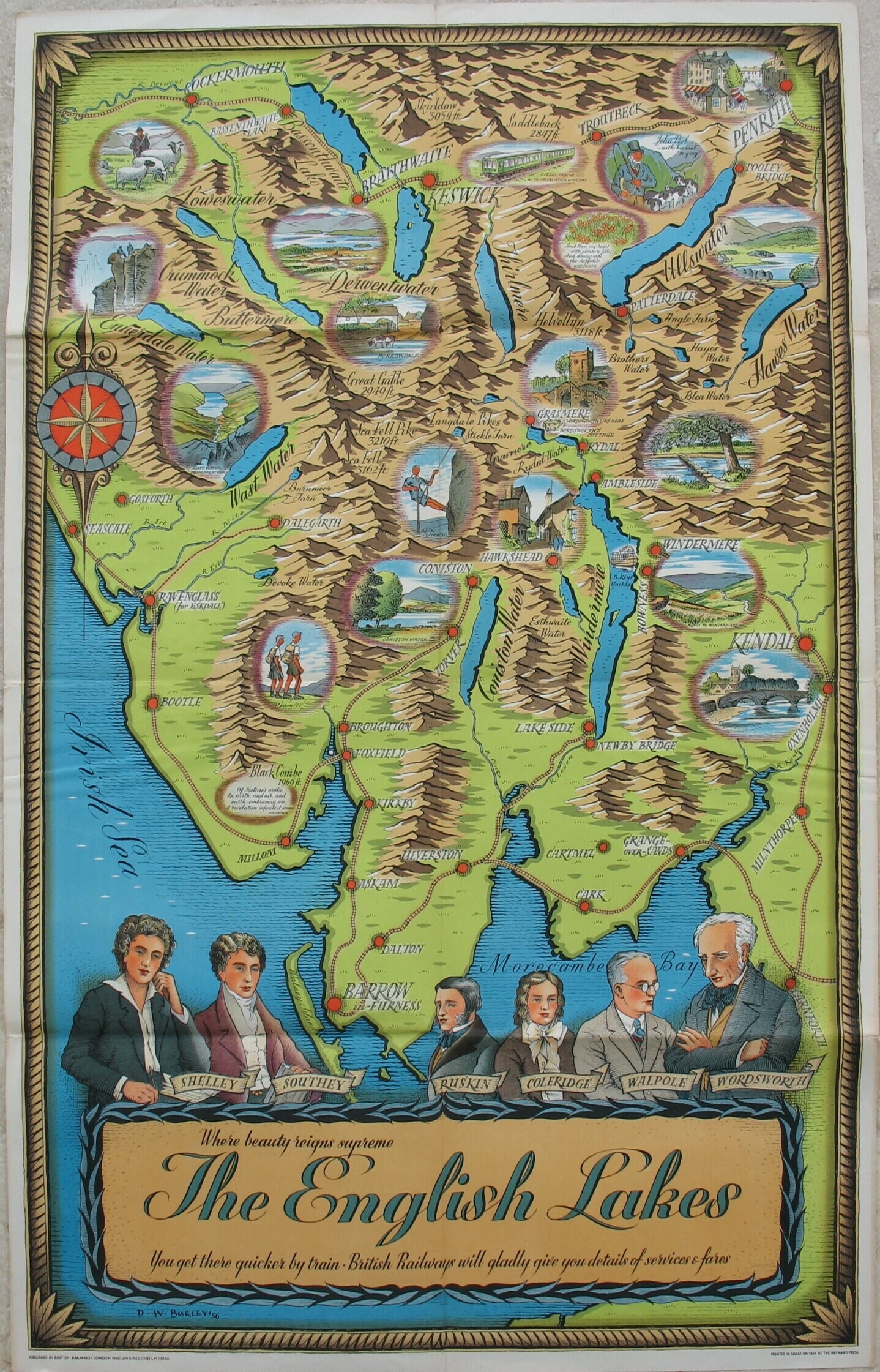 Original Railway Poster The English Lakes Where Beauty Reigns Supreme You Get There Quicker Map By Train David William Burley