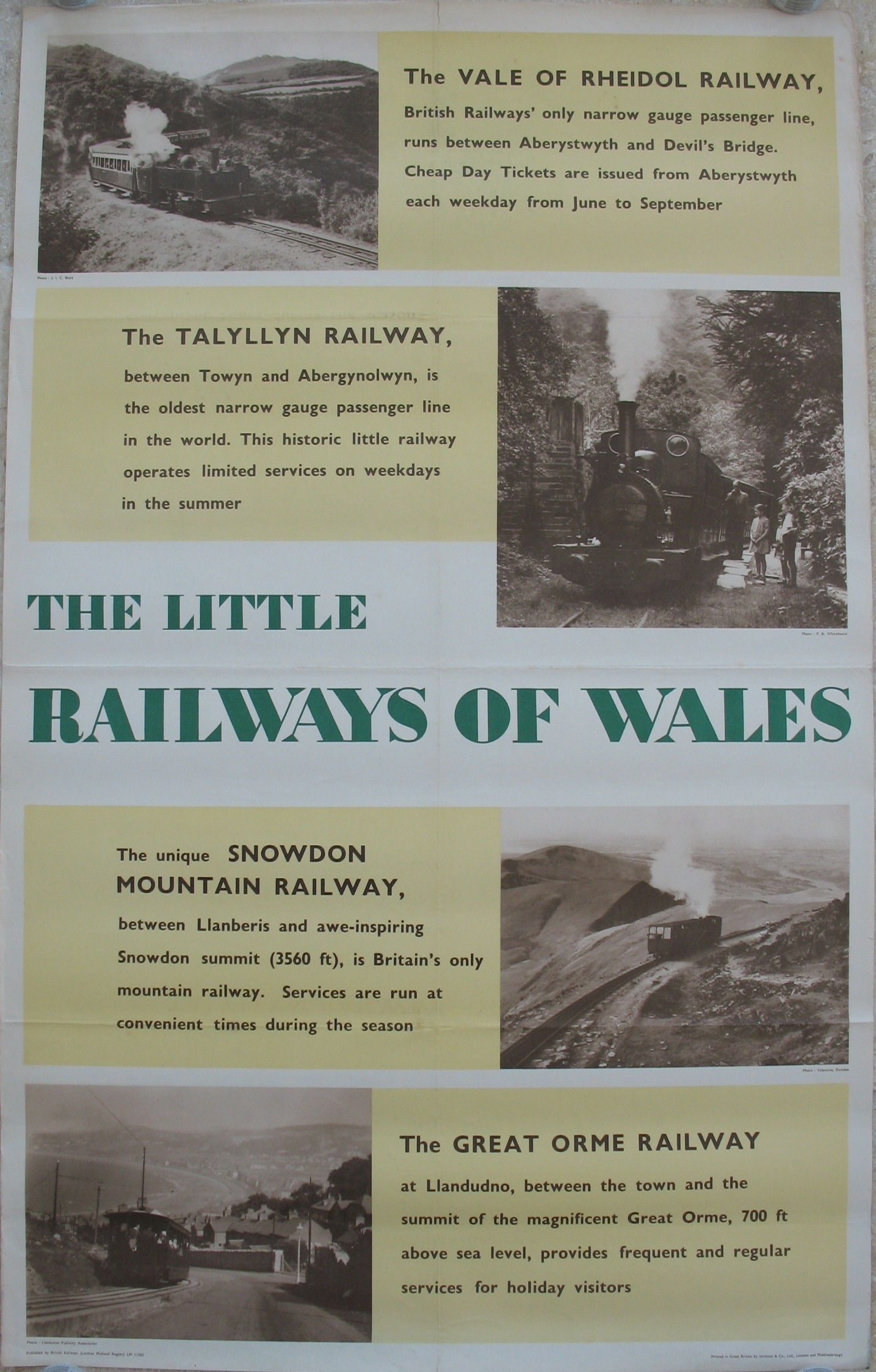 Original Railway Poster The Little Railways Of Wales The Vale of Rheidol Railway Talyllyn Railway Snowdon Mountain Railway Great Orme Railway