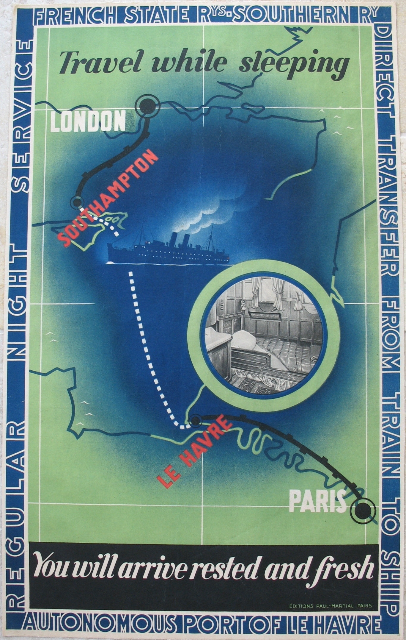 Original Railway Poster Travel While Sleeping - Regular Night Service French State Rys Southern Ry Direct Transfers From Train To Ship Autonomous Port of Le Havre
