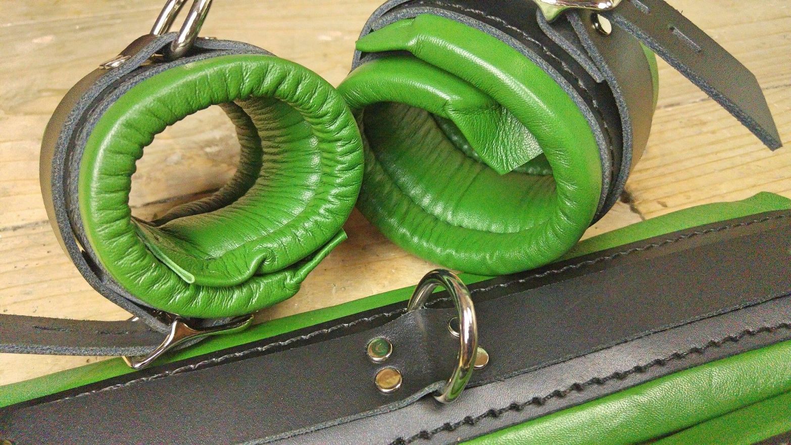 Green padded bondage restraints, heavy duty padded bondage cuffs bdsm.