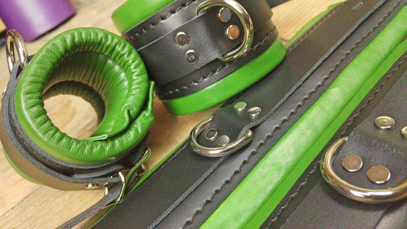 Green padded bondage restraints, heavy duty padded bondage cuffs bdsm.