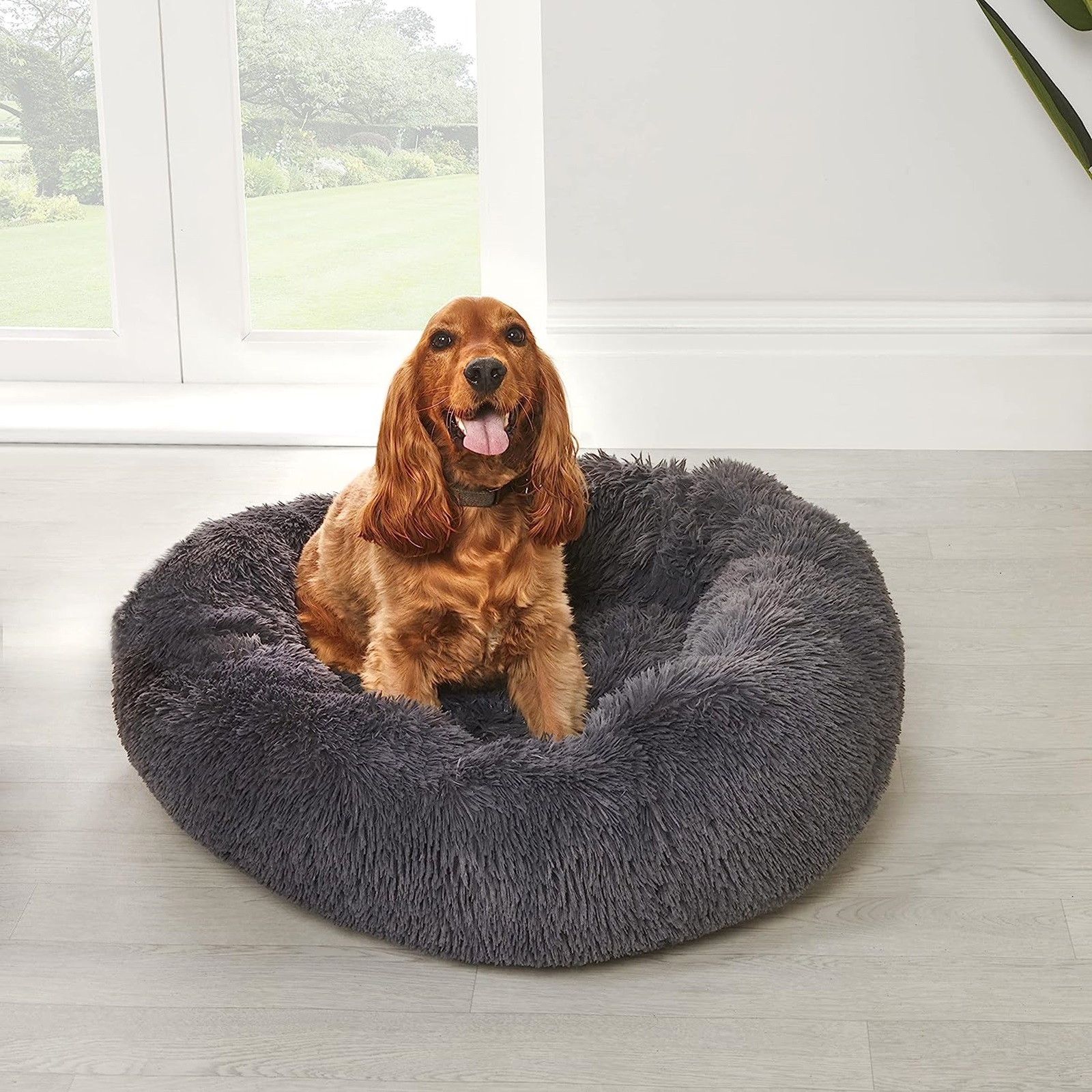 Large Pet Dog Cat Calming Bed Round Plush Shaggy Nest Charcoal Donut