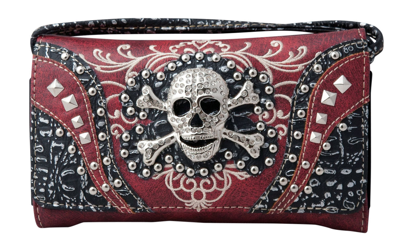 Skull Studded Rhinestone Western Crossbody Wristlet Clutch Wallet
