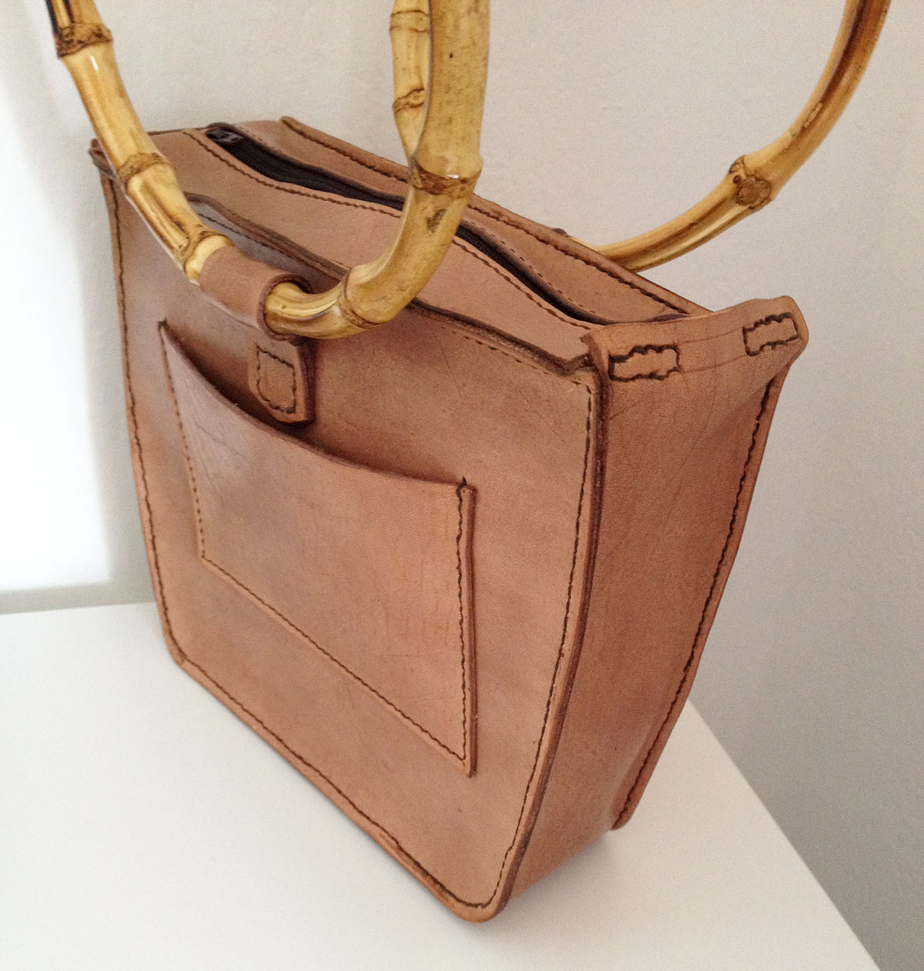Genuine Leather Bamboo Handle Bag