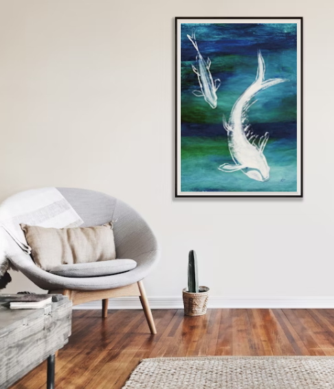 White Koi Fish Art Print | Acrylic on rice paper