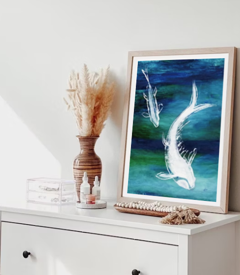 White Koi Fish Art Print | Acrylic on rice paper