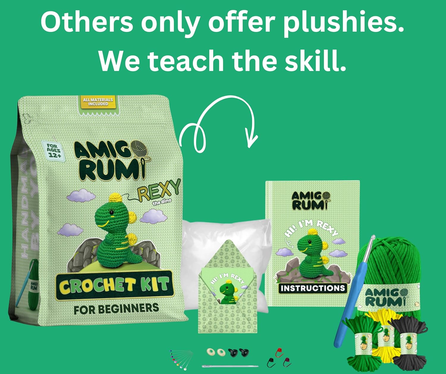 Green Amigo Rumi Cute Dinosaur Beginners Crochet Kit